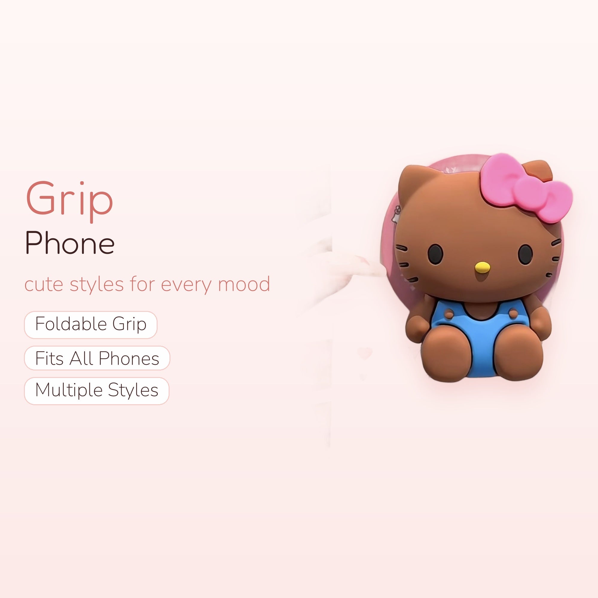 Kawaii Brown Hello Kitty Phone Grip | Cute Pink Bow Pop Socket Stand