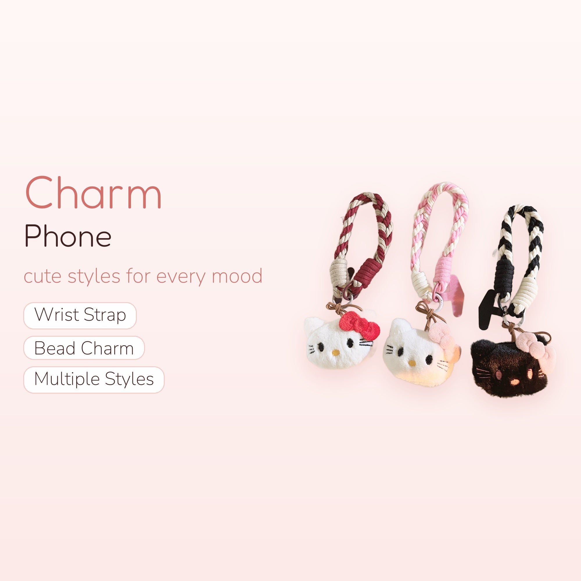 Cute Braided Rope Hello Kitty Phone Charm | Fluffy Plush Wrist Lanyard