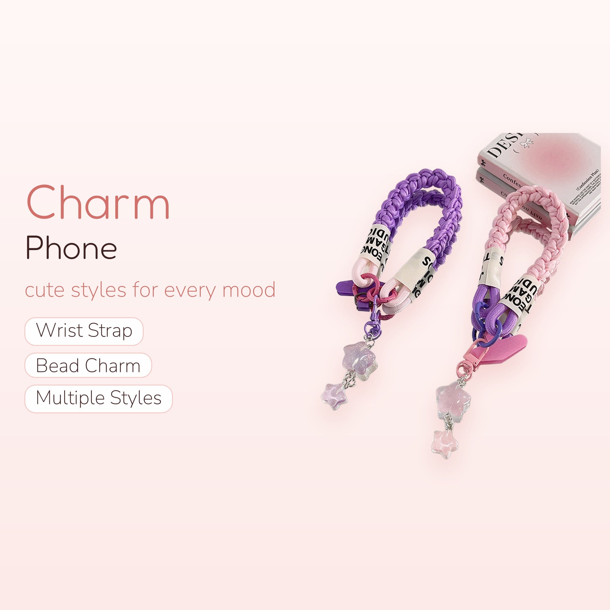Braided Pastel Phone Charm Strap | Cute Star Pendant Wrist Lanyard