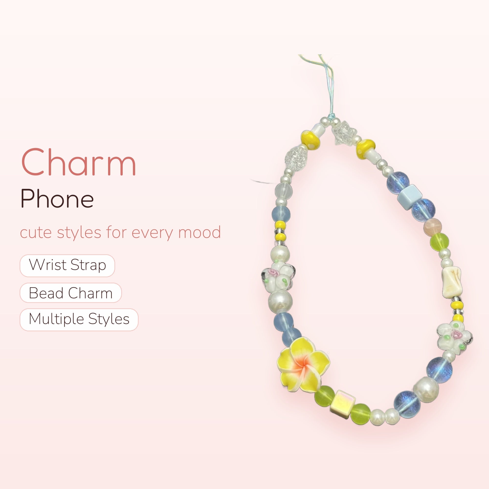 Pastel Beaded Phone Charm Strap | Kawaii Mushroom & Flower Wrist Lanyard