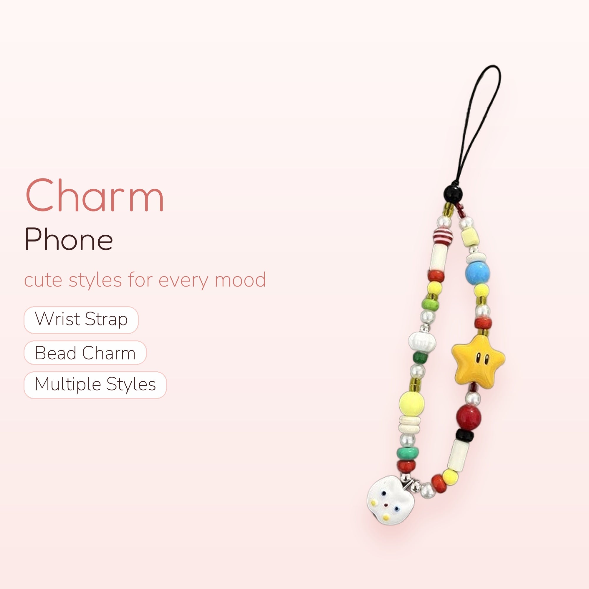 Kawaii Beaded Phone Charm Strap | Colorful Star & Face Wrist Lanyard