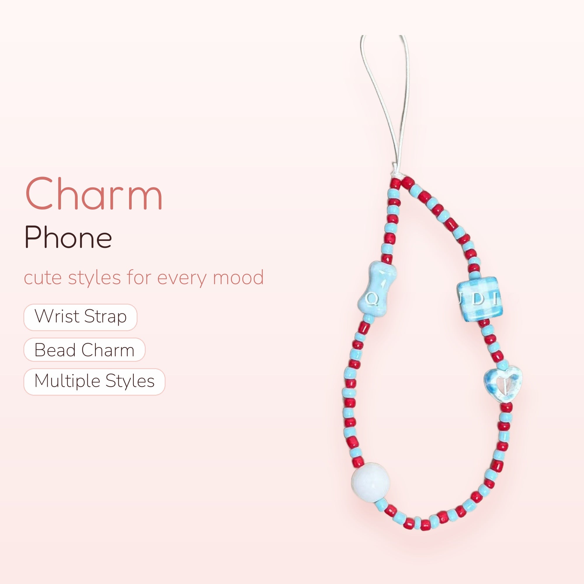 Cute Red & Blue Beaded Phone Charm Strap | Aesthetic Y2K Wrist Lanyard