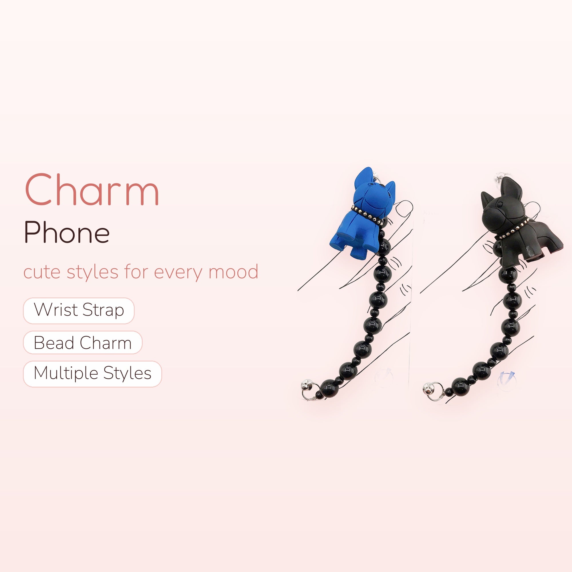 Kawaii French Bulldog Phone Charm Strap | Blue & Black Beaded Wrist Lanyard