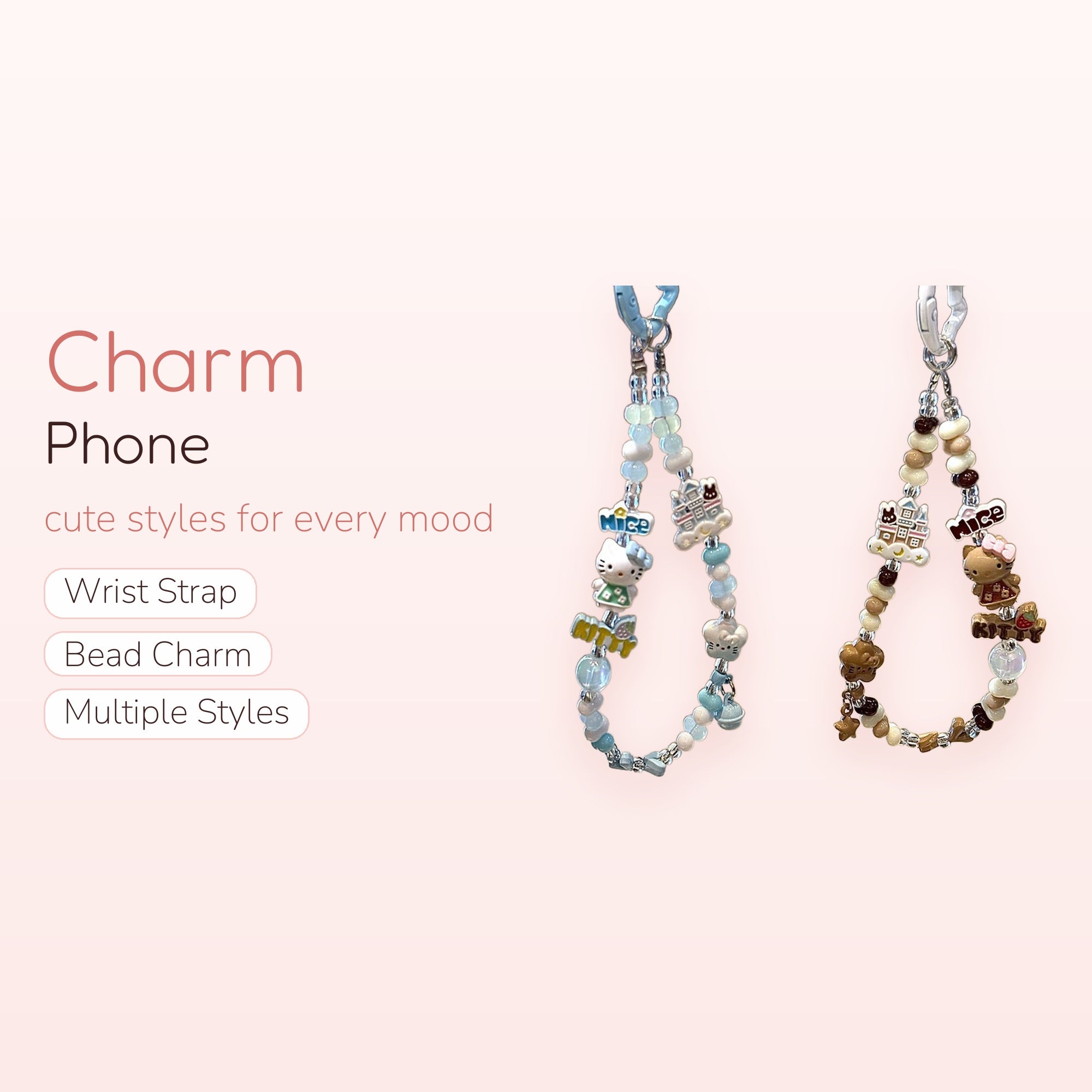 Kawaii Hello Kitty Castle Beaded Phone Charm | Pastel Blue & Brown Wrist Lanyard