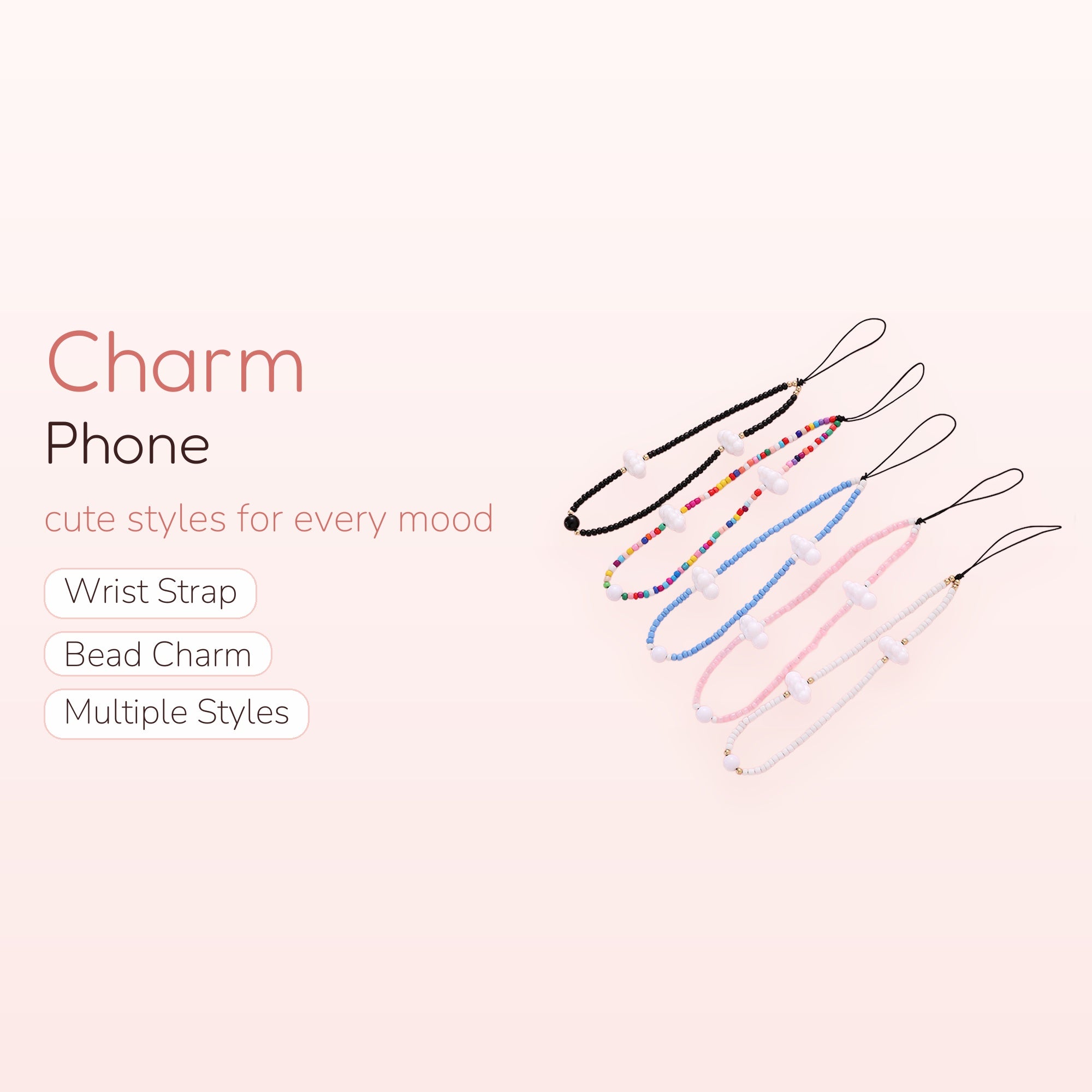 Aesthetic Cloud Beaded Phone Charm Strap | Cute Pastel Rainbow Wrist Lanyard