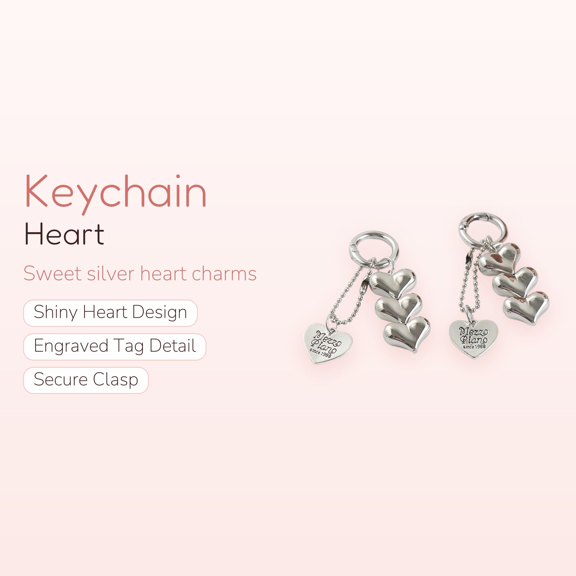 Silver Heart Phone Charm Keychain | Cute Mezzo Piano Lanyard