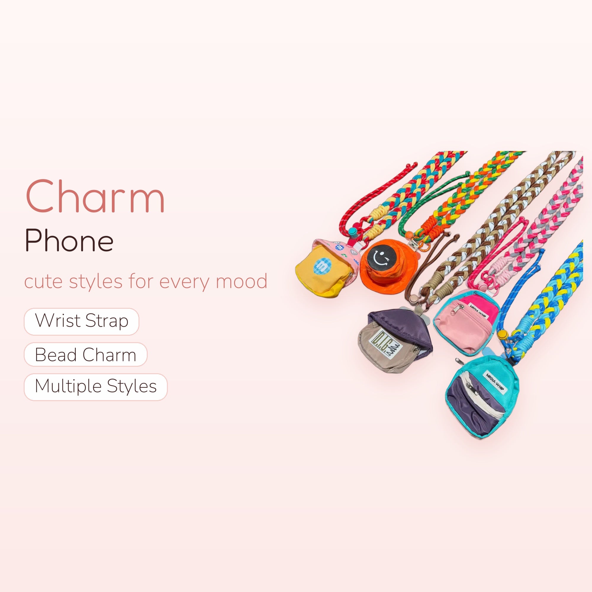 Braided Rope Lanyard Phone Charm | Colorful Woven Wrist Strap with Mini Bag Pendants