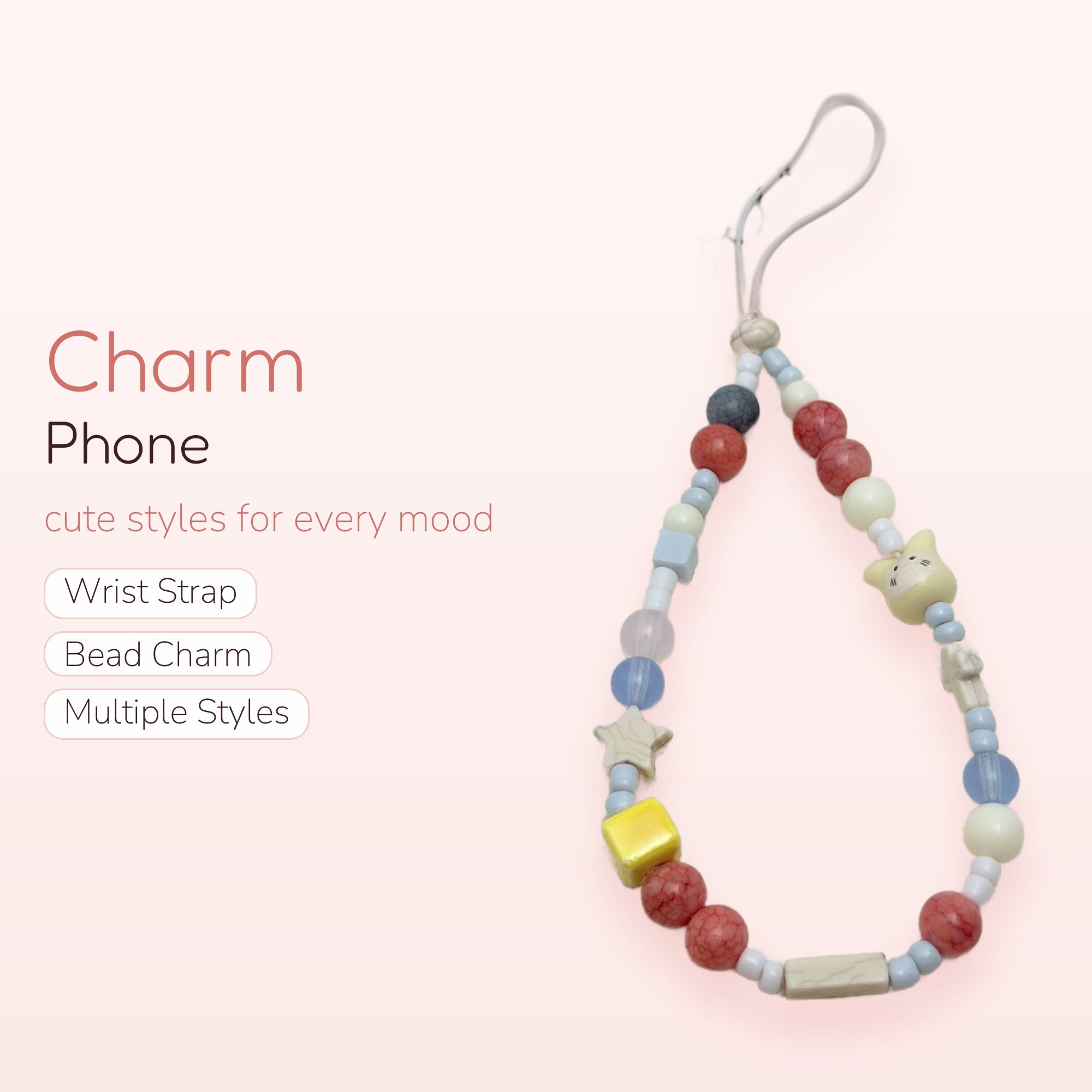 Pastel Beaded Phone Charm Strap | Cute Kawaii Wrist Lanyard with Star & Cat Charms