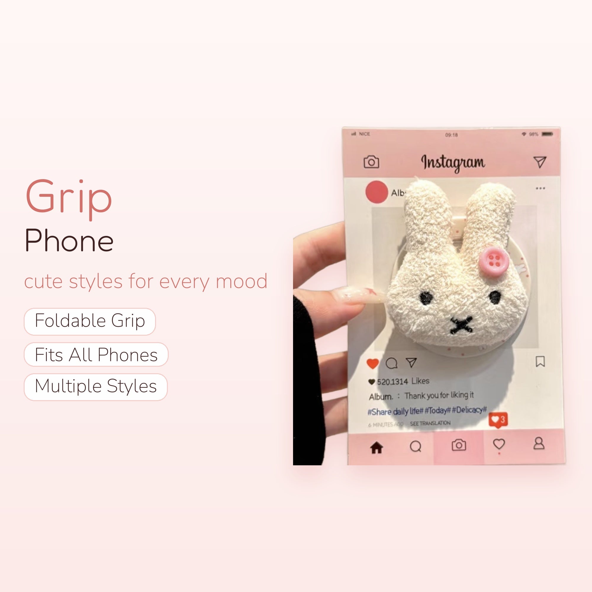 Fluffy White Bunny Phone Grip | Cute Plush Pop Socket Stand