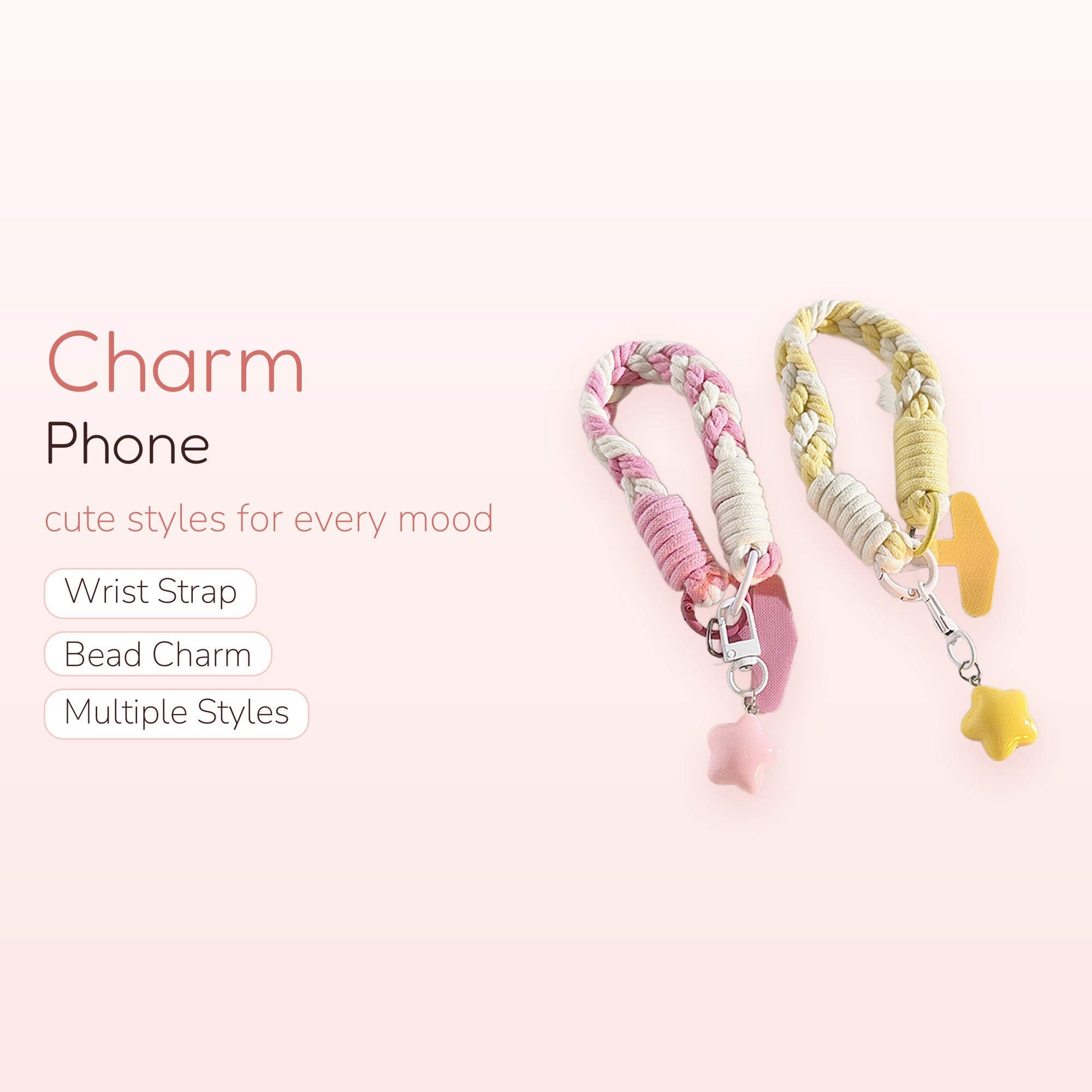 Braided Rope Phone Charm Wristlet | Pastel Star Keychain Lanyard