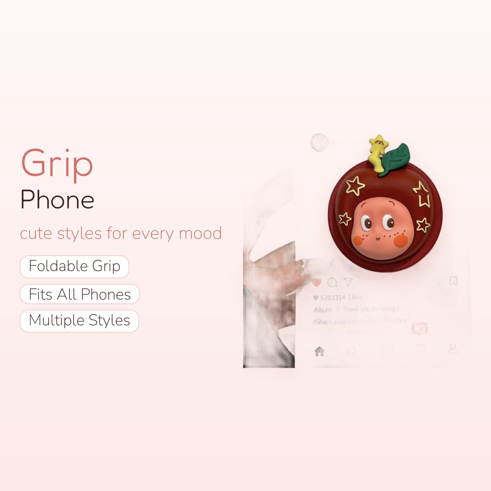 Kawaii Red Apple Character Phone Grip | Cute Fruit Pop Socket Stand