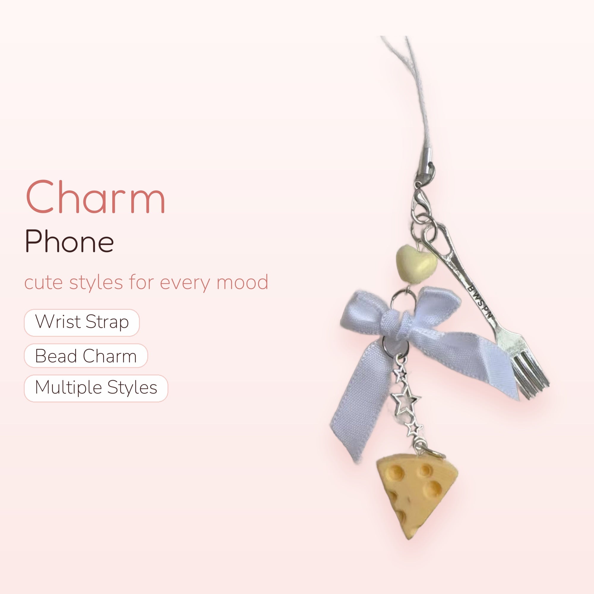 Cute Cheese & Fork Phone Charm | Kawaii White Bow & Star Strap