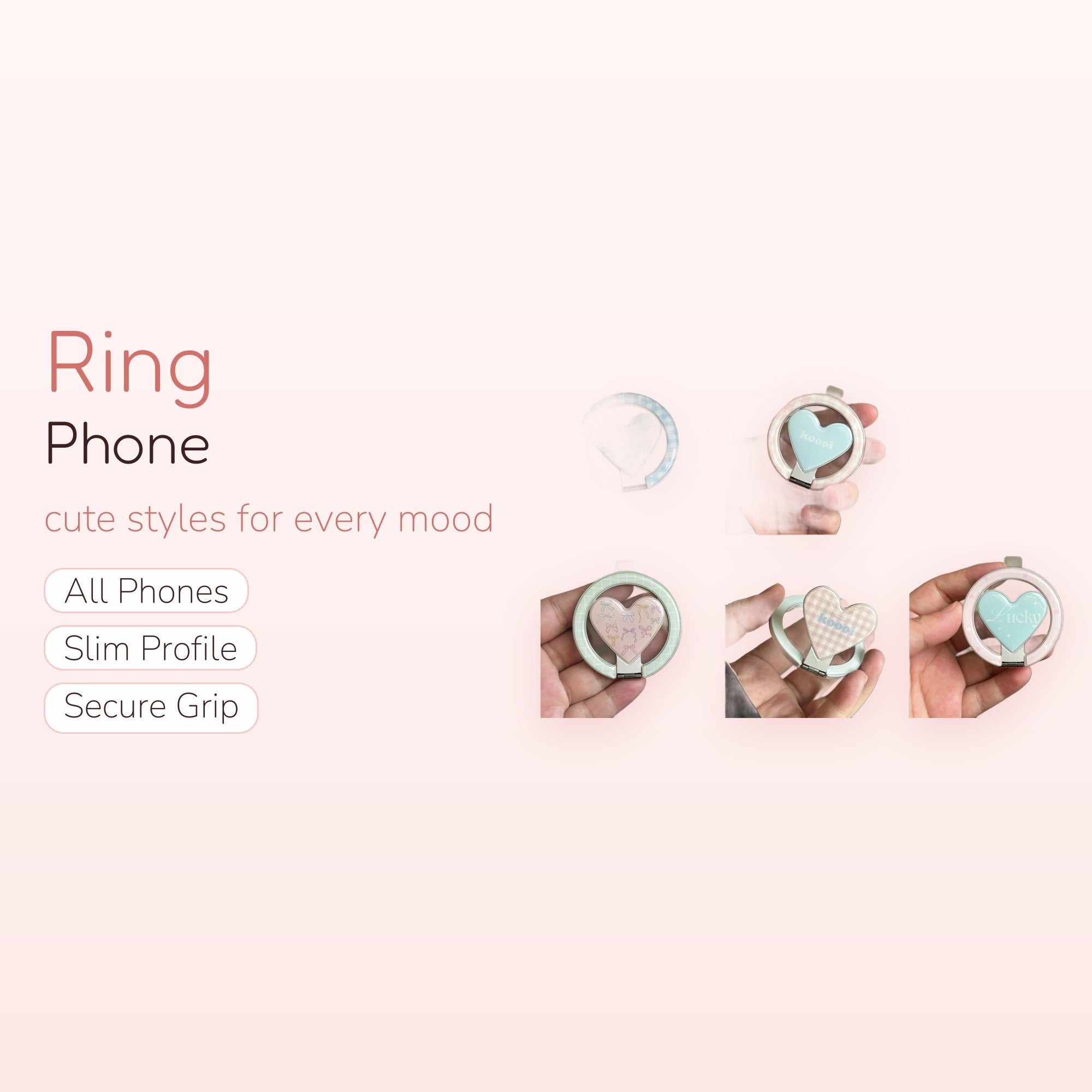 Kawaii Pastel Heart Phone Ring | Cute Gingham Bow Star Finger Holder Kickstand