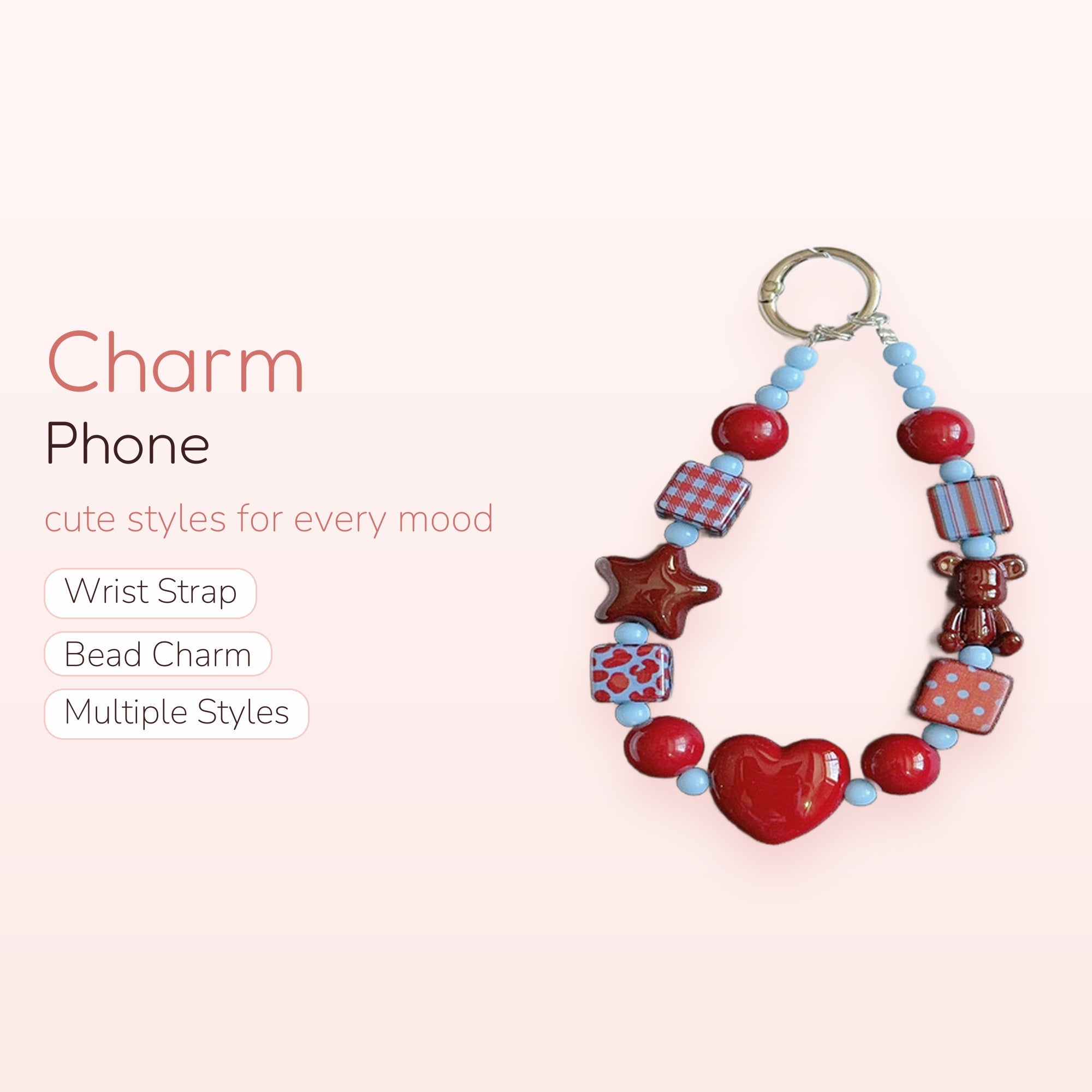 Red & Blue Beaded Phone Charm Strap | Kawaii Heart Star Bear Wrist Lanyard