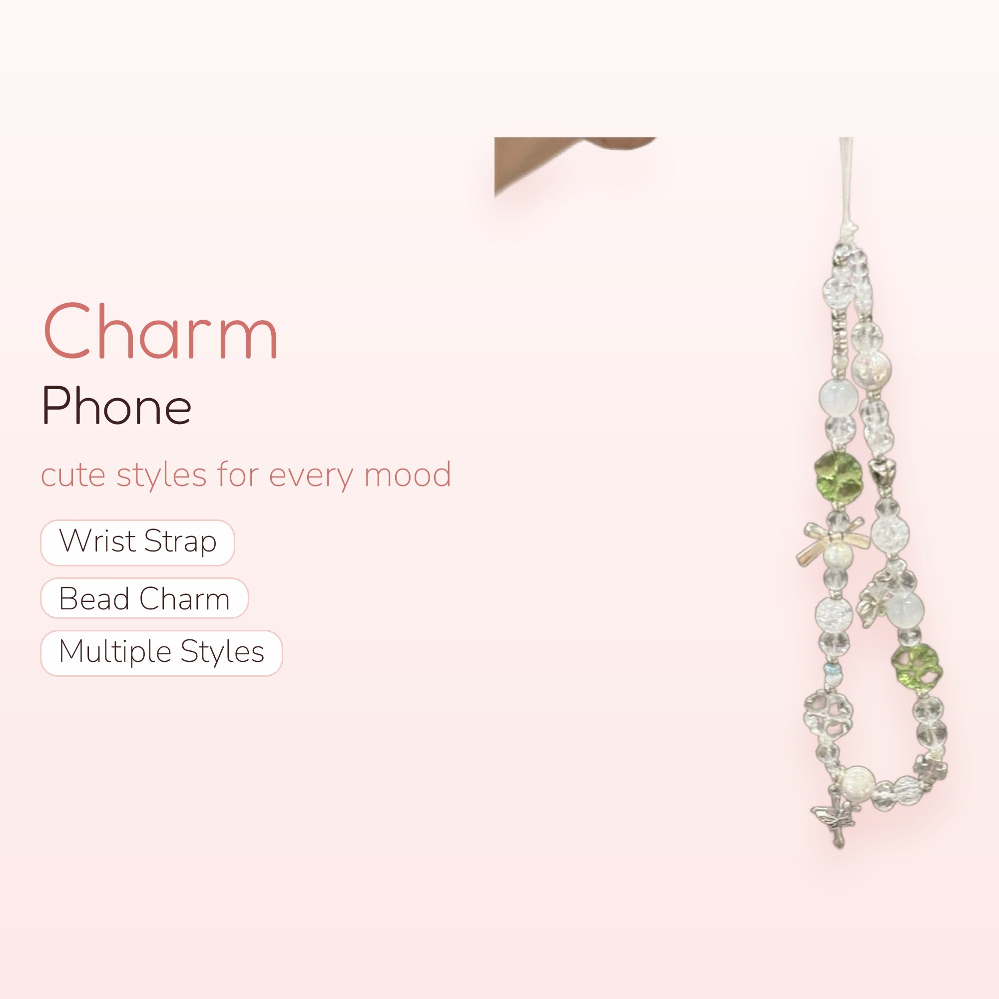 Clear & Green Beaded Phone Charm | Fairycore Dragonfly Wrist Strap