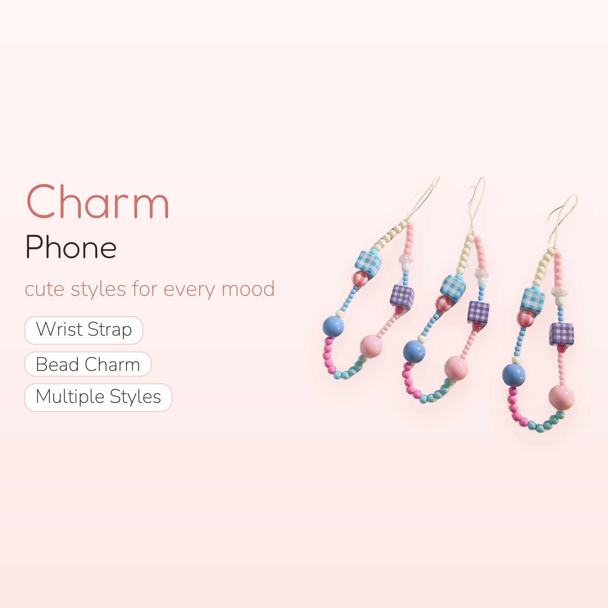 Pastel Gingham Cube Beaded Phone Charm Strap | Cute Aesthetic Wrist Lanyard