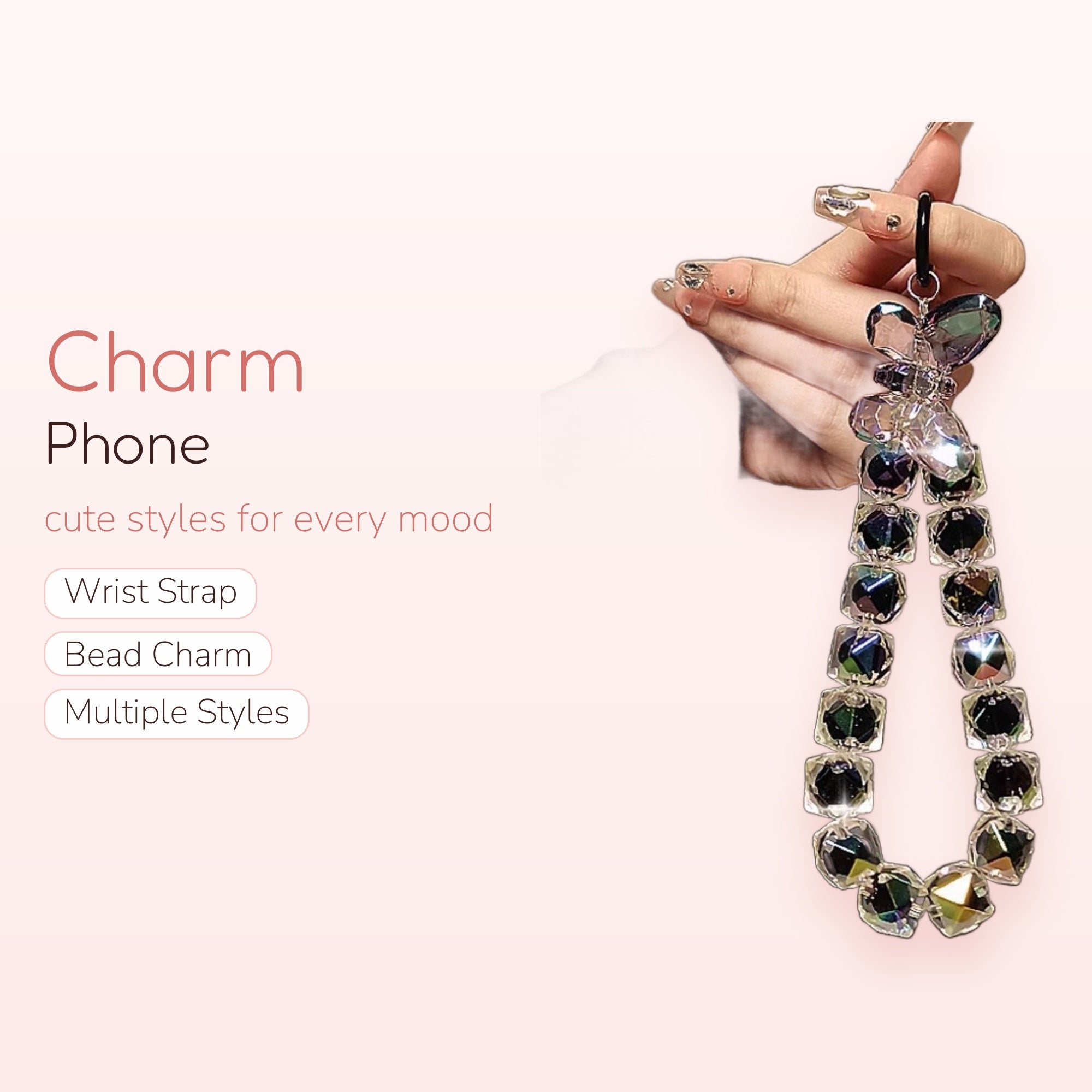 Iridescent Crystal Cube Phone Charm Strap | Sparkly Beaded Wrist Lanyard