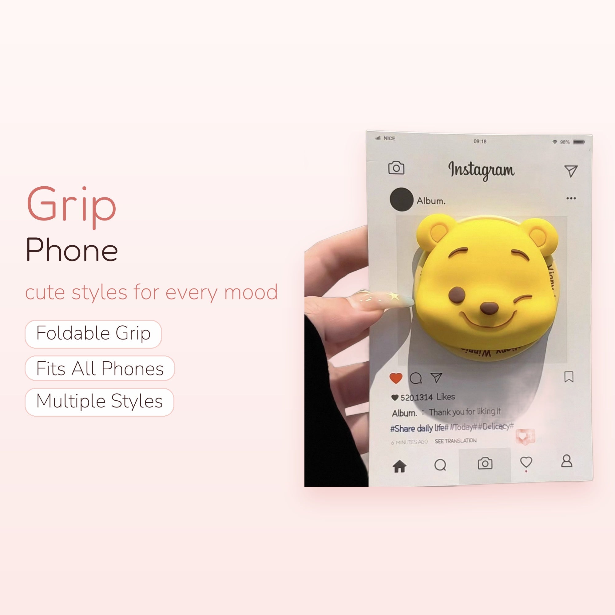 Winking Winnie the Pooh Phone Grip | Cute Yellow Cartoon Pop Socket Stand