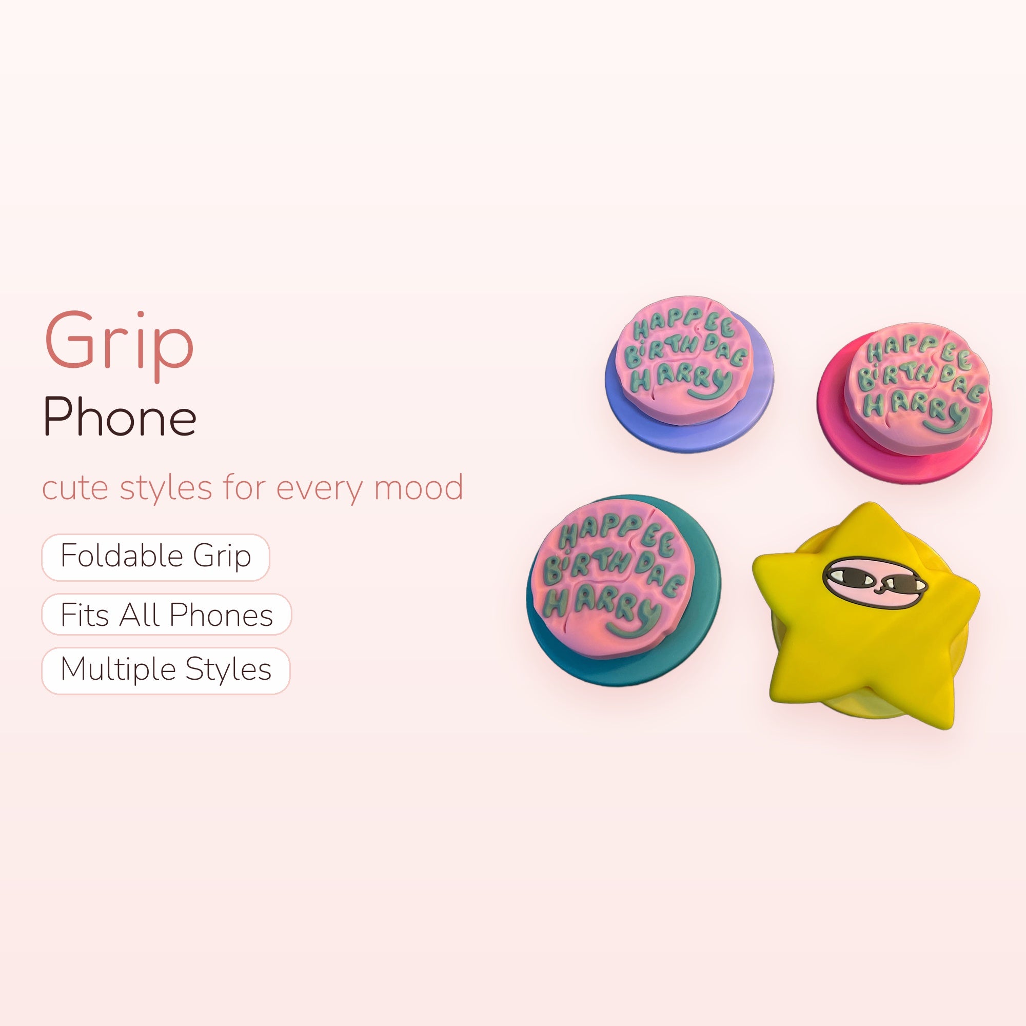 Kawaii Pink Birthday Cake & Yellow Star Phone Grips | Cute Pop Socket Stands