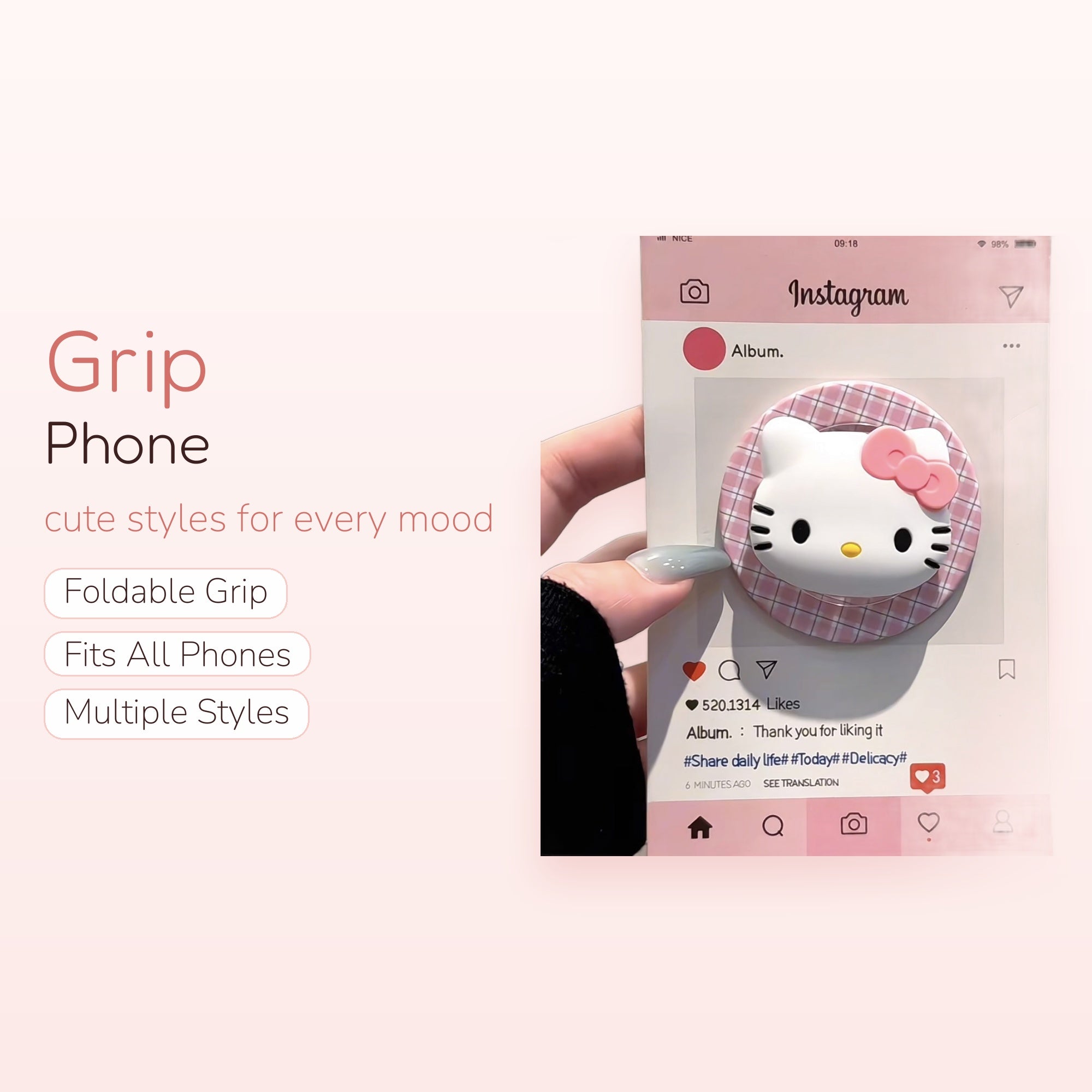 Cute Hello Kitty Plaid Phone Grip | Kawaii Pink Pop Socket Stand