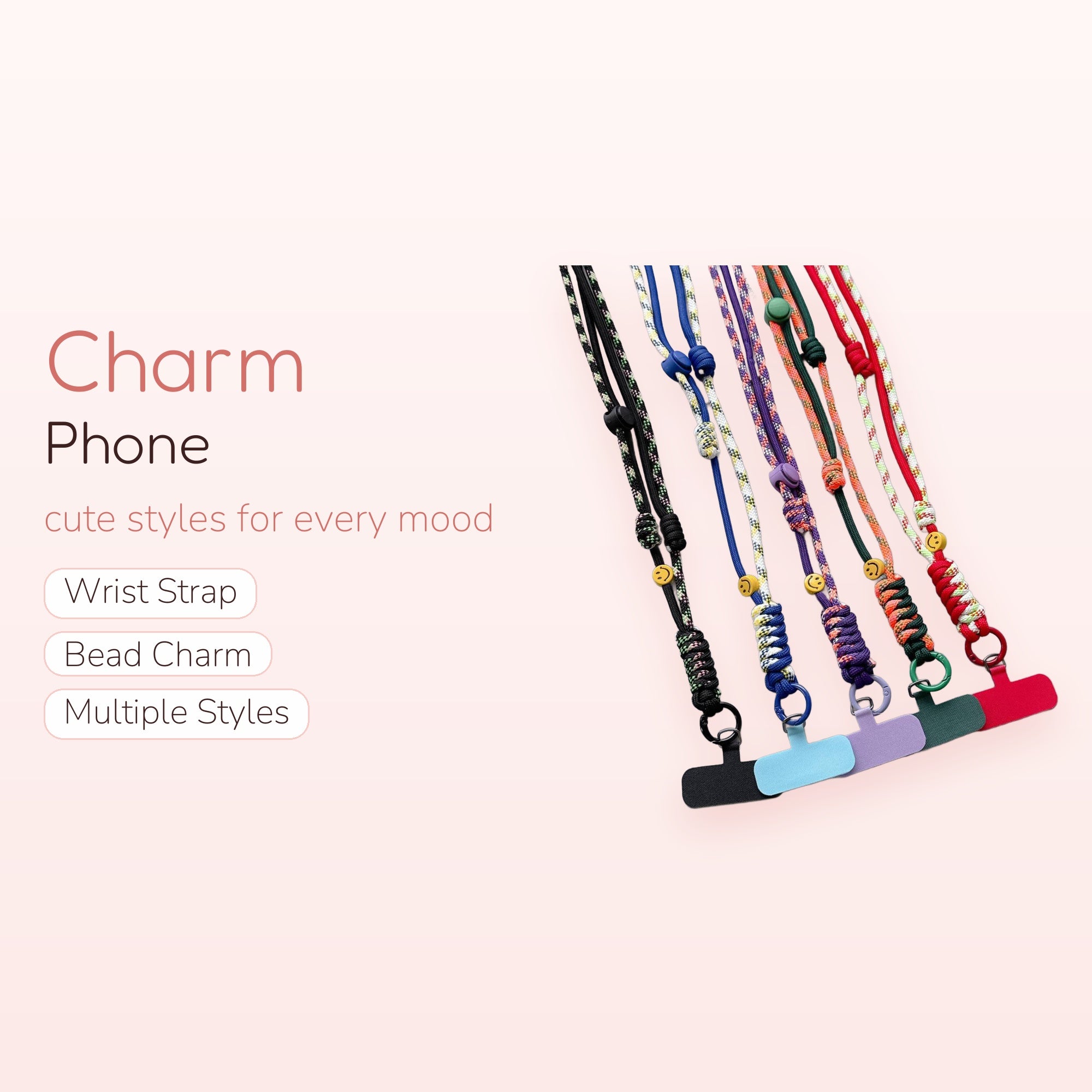 Aesthetic Braided Rope Phone Lanyard with Smiley Face Beads | Adjustable Crossbody Phone Strap