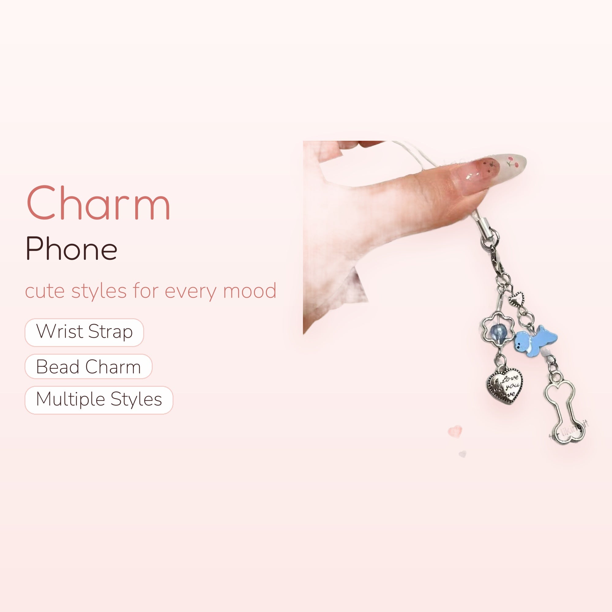 Y2K Silver Charm Phone Strap | Blue Dino & Heart Beaded Wrist Lanyard