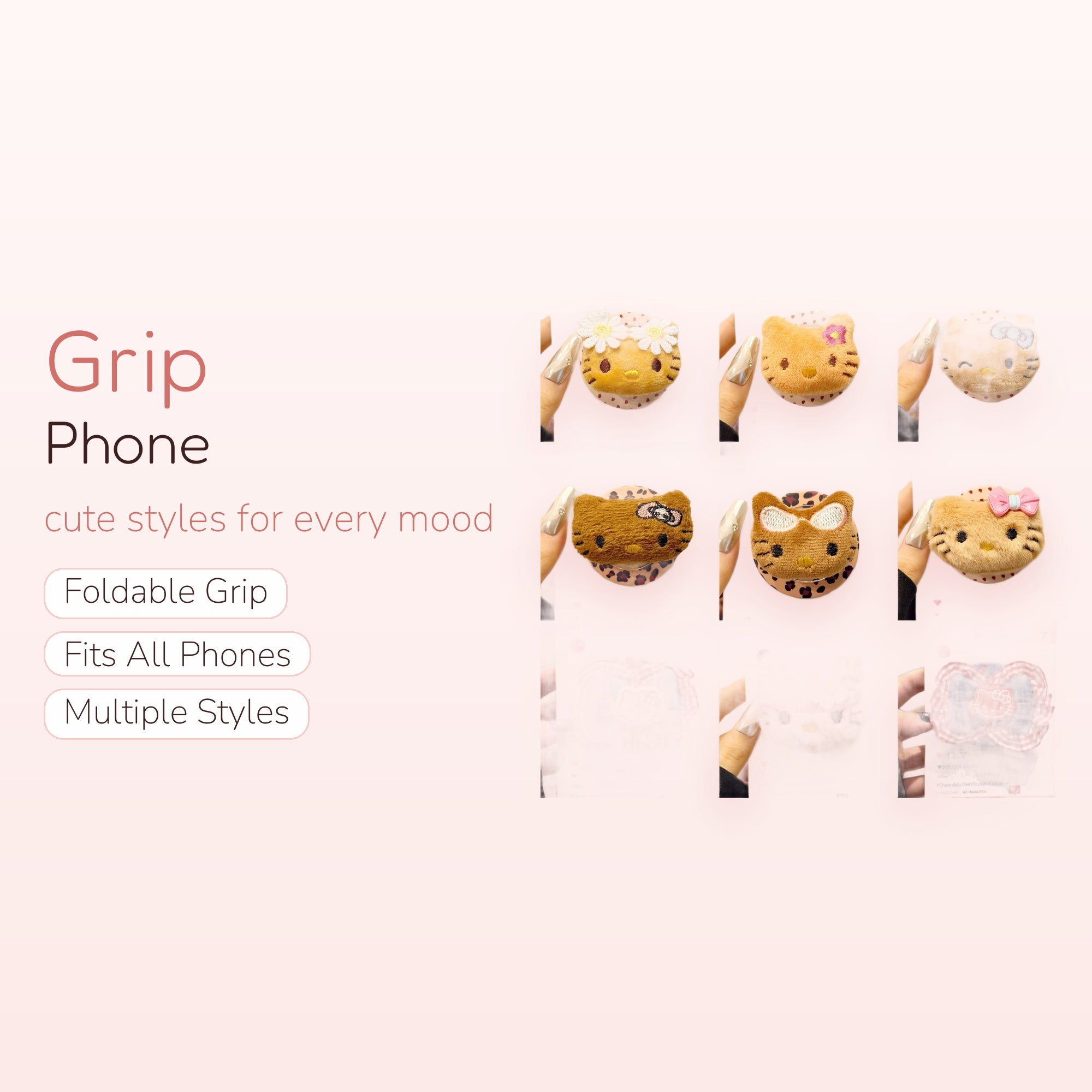 Fluffy Hello Kitty Phone Grip | Cute Cartoon Pop Socket Stand