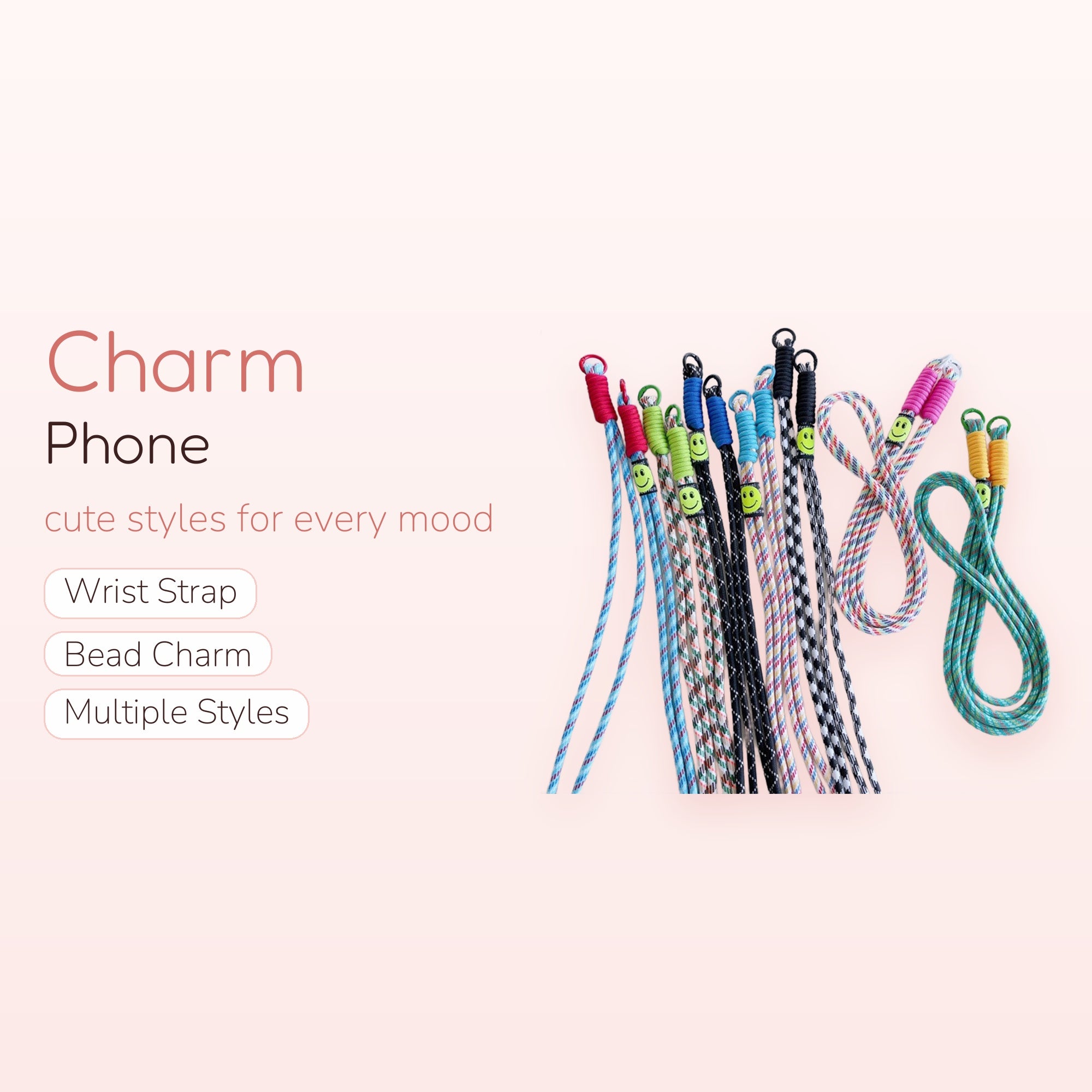 Colorful Patterned Rope Phone Charm Lanyard with Smiley Face | Y2K Aesthetic Wrist Strap