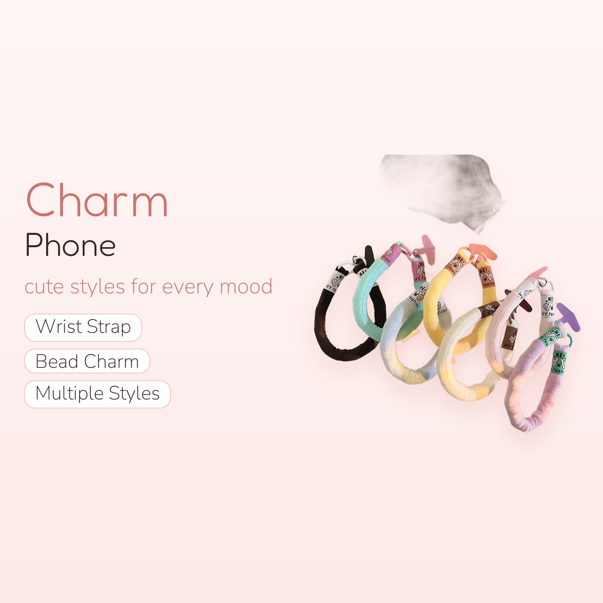 Fluffy Pastel Gradient Phone Charm Strap | Cute Wrist Lanyard with Cartoon Tags