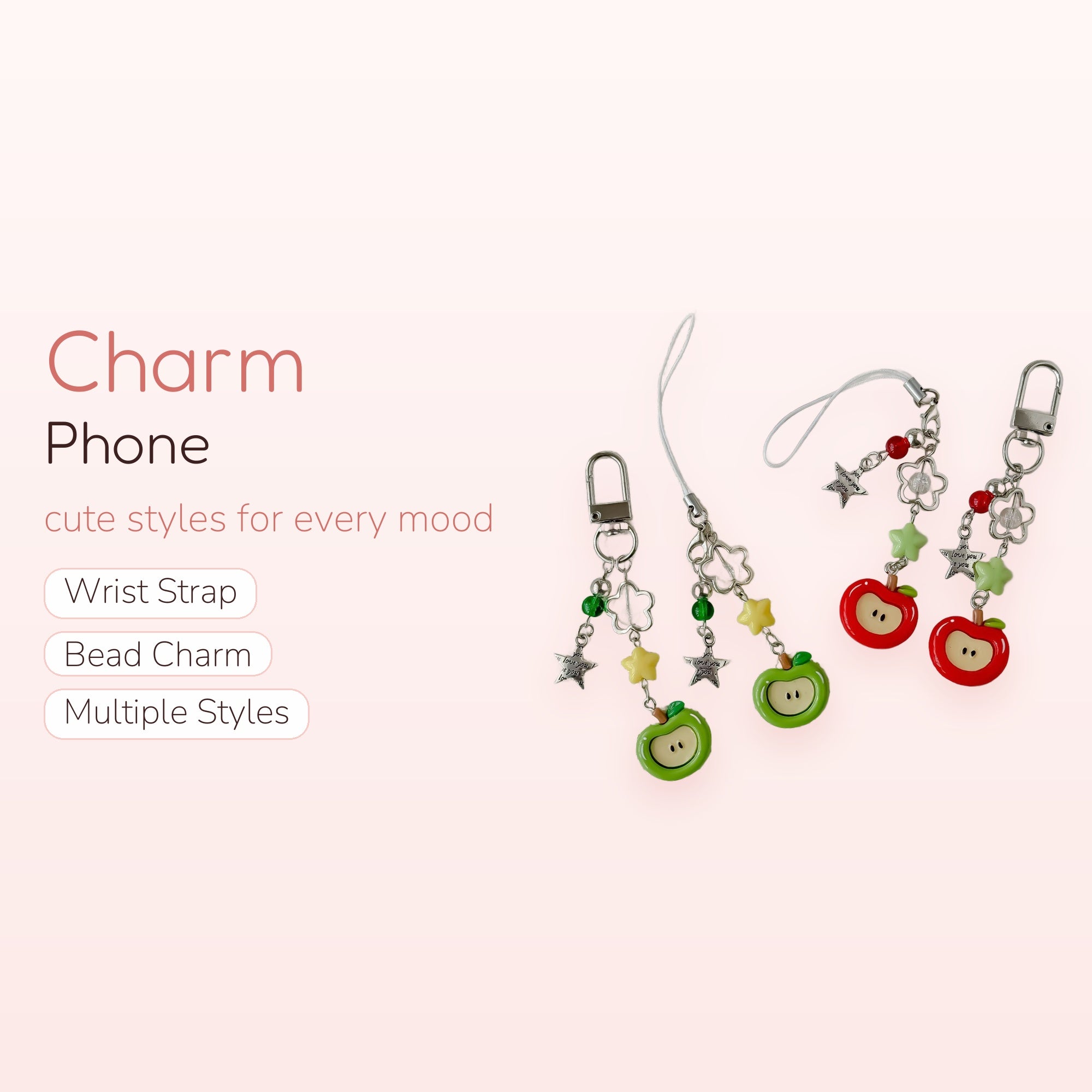 Kawaii Apple & Star Phone Charm | Cute Fruit Beaded Wrist Strap
