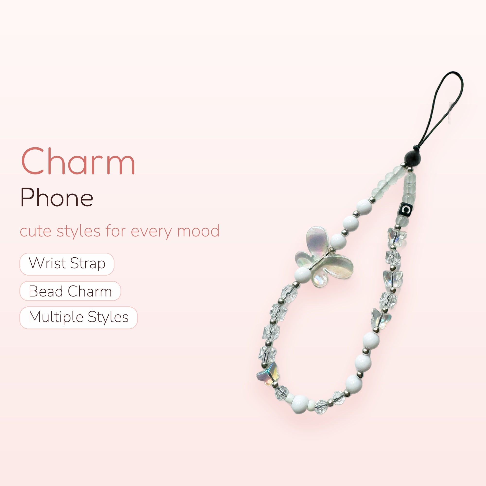 White Beaded Butterfly Phone Charm | Aesthetic Clear Crystal Wrist Strap