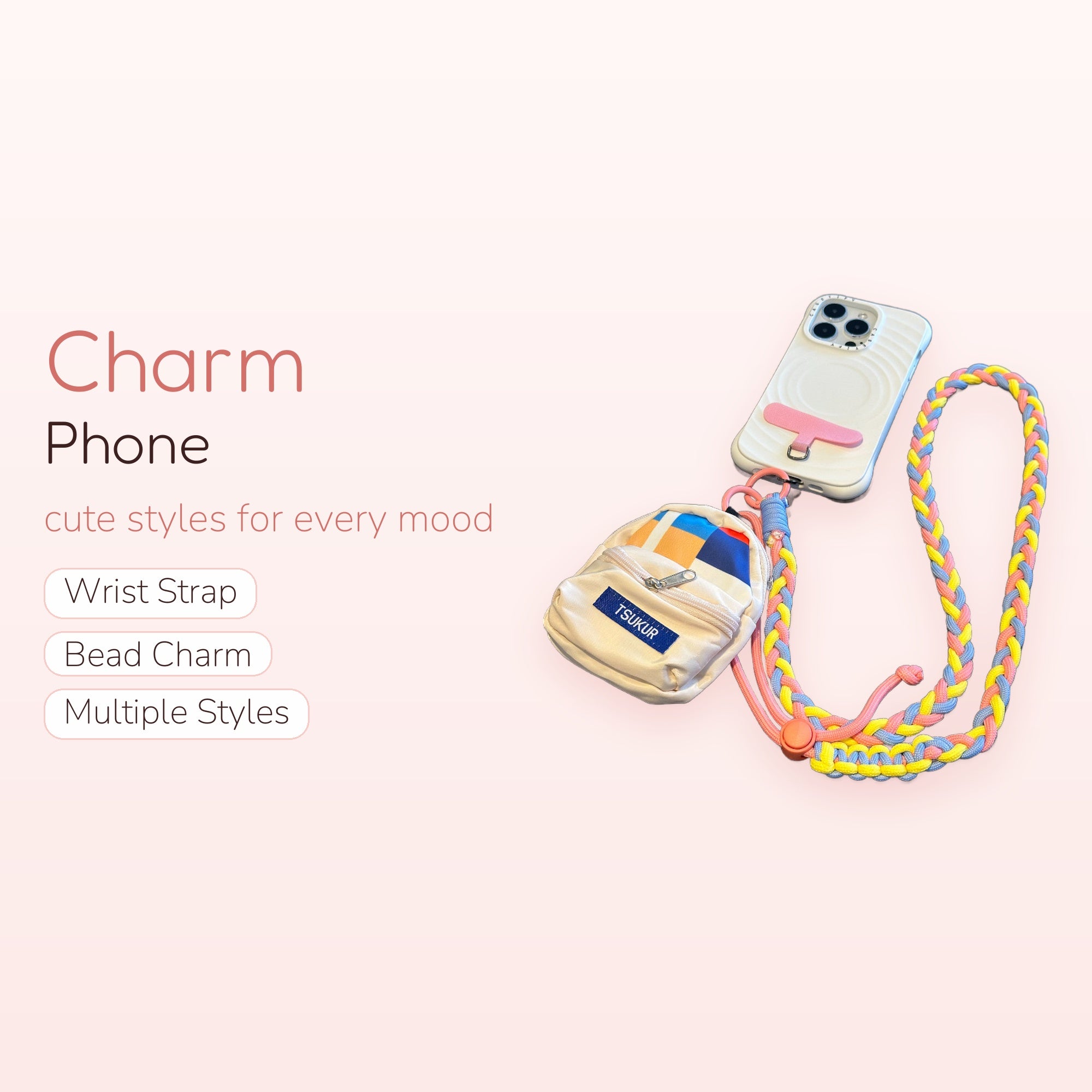 Braided Rainbow Lanyard Phone Charm with Mini Backpack | Cute Colorful Crossbody Strap
