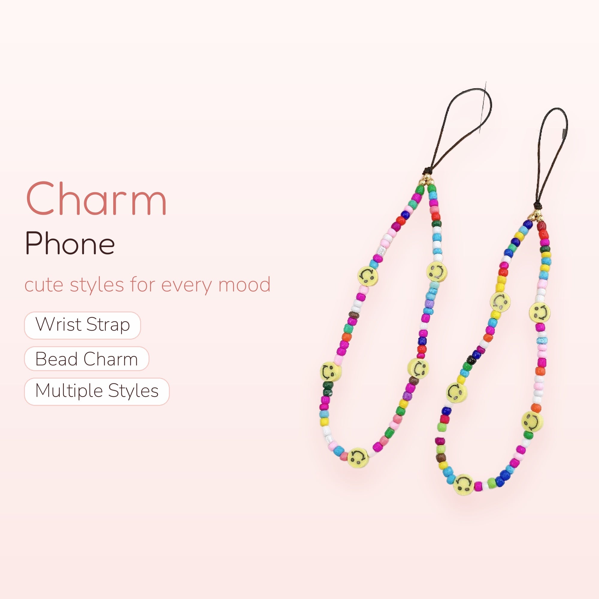 Y2K Colorful Beaded Smiley Face Phone Charm | Aesthetic Wrist Strap Lanyard