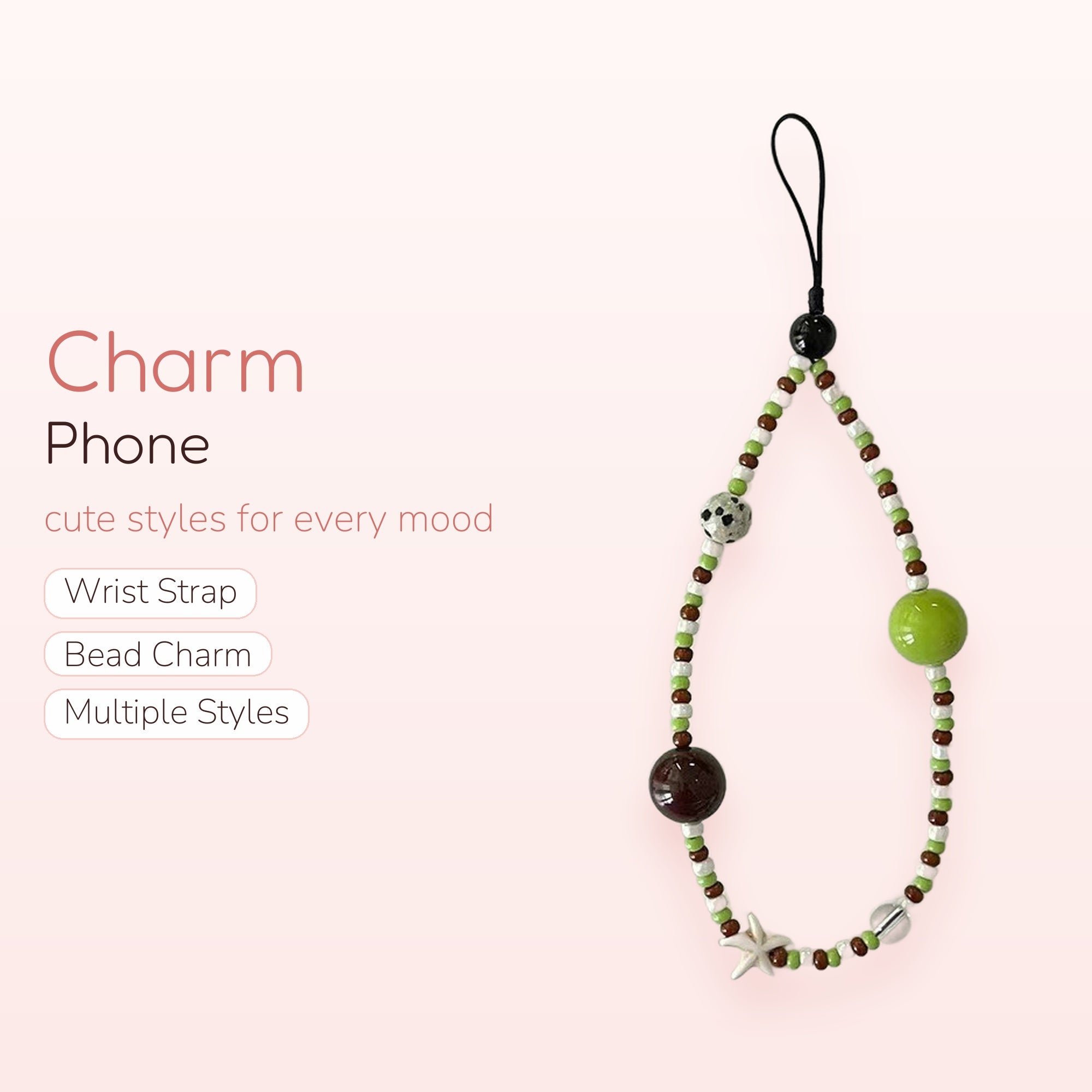 Aesthetic Green & Brown Beaded Phone Charm | Cute Starfish & Dalmation Bead Wristlet