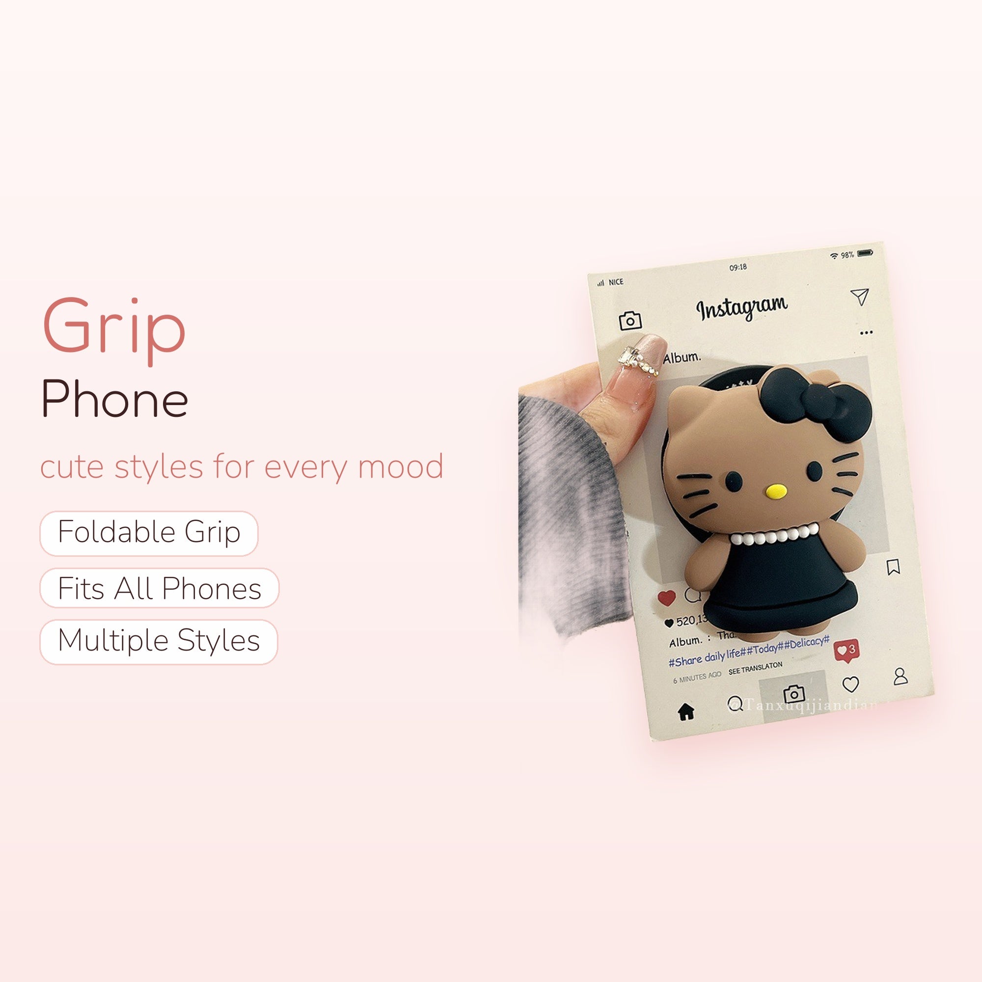 Cute Hello Kitty Black Dress Phone Grip | Kawaii Pop Socket Stand