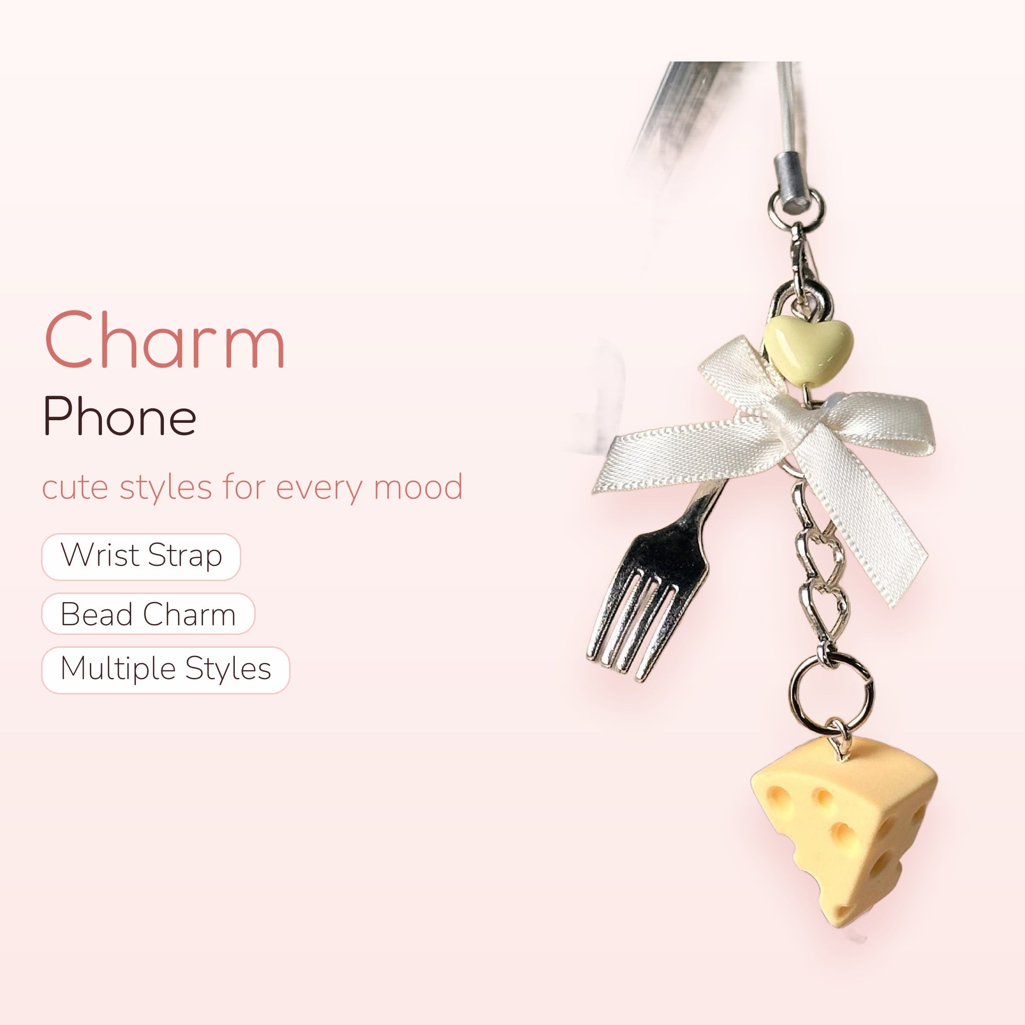 Cute Cheese & Fork Phone Charm | Kawaii Yellow Heart & Ribbon Phone Strap
