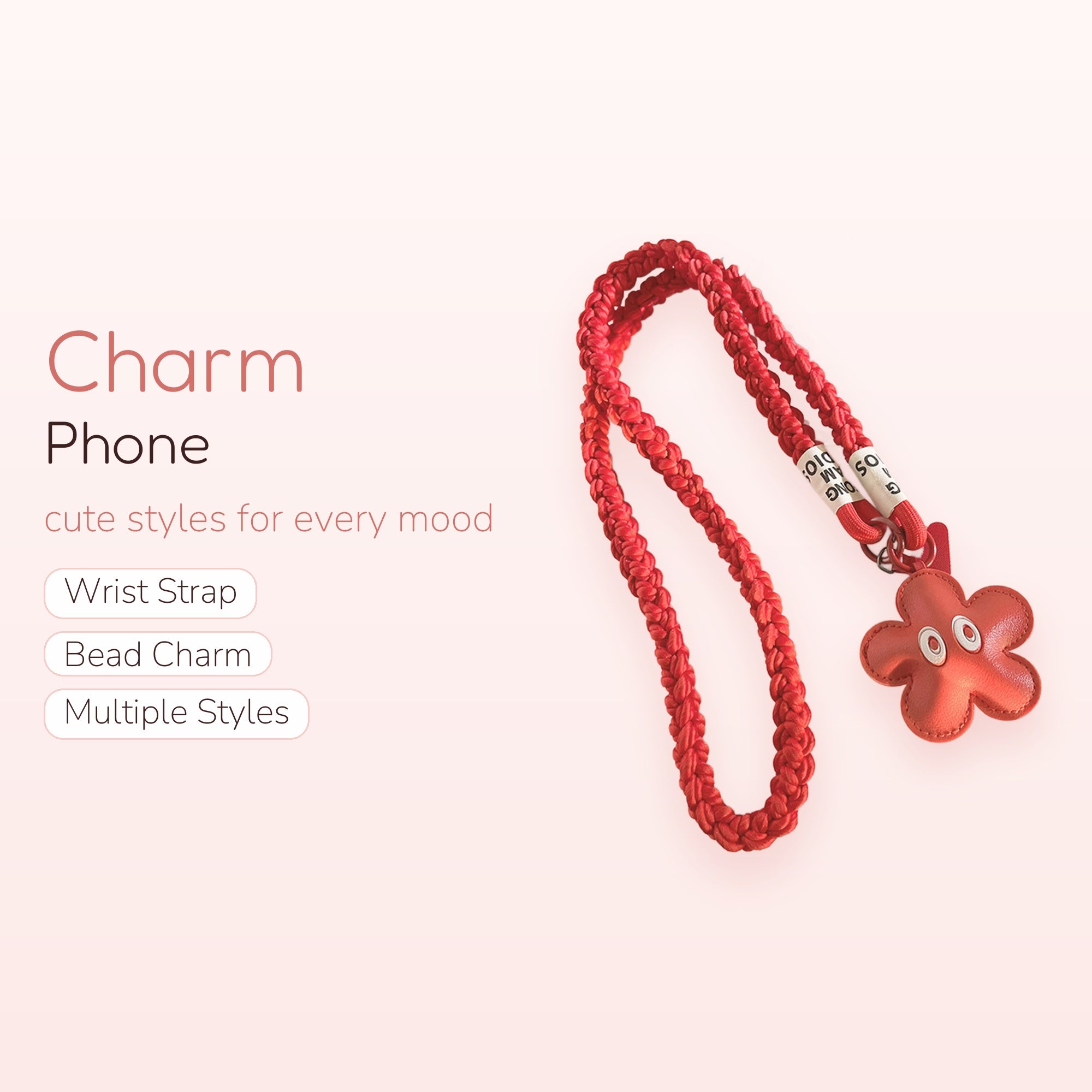Red Braided Lanyard Phone Charm | Cute Flower Eyeball Keychain Strap