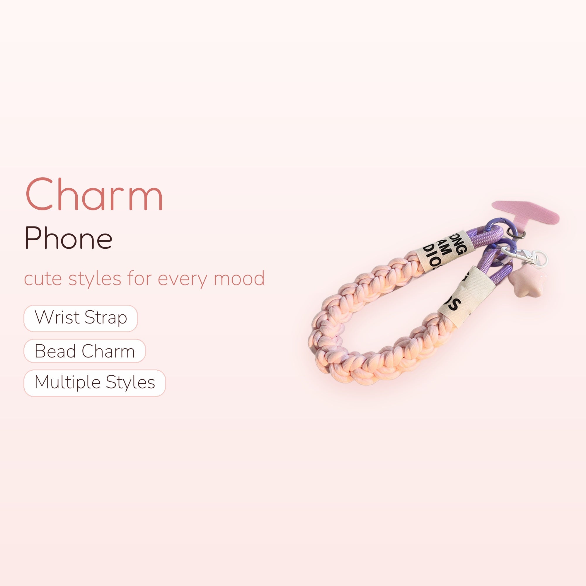 Cute Braided Rope Phone Charm | Pastel Pink & Purple Wrist Lanyard with Star Charm