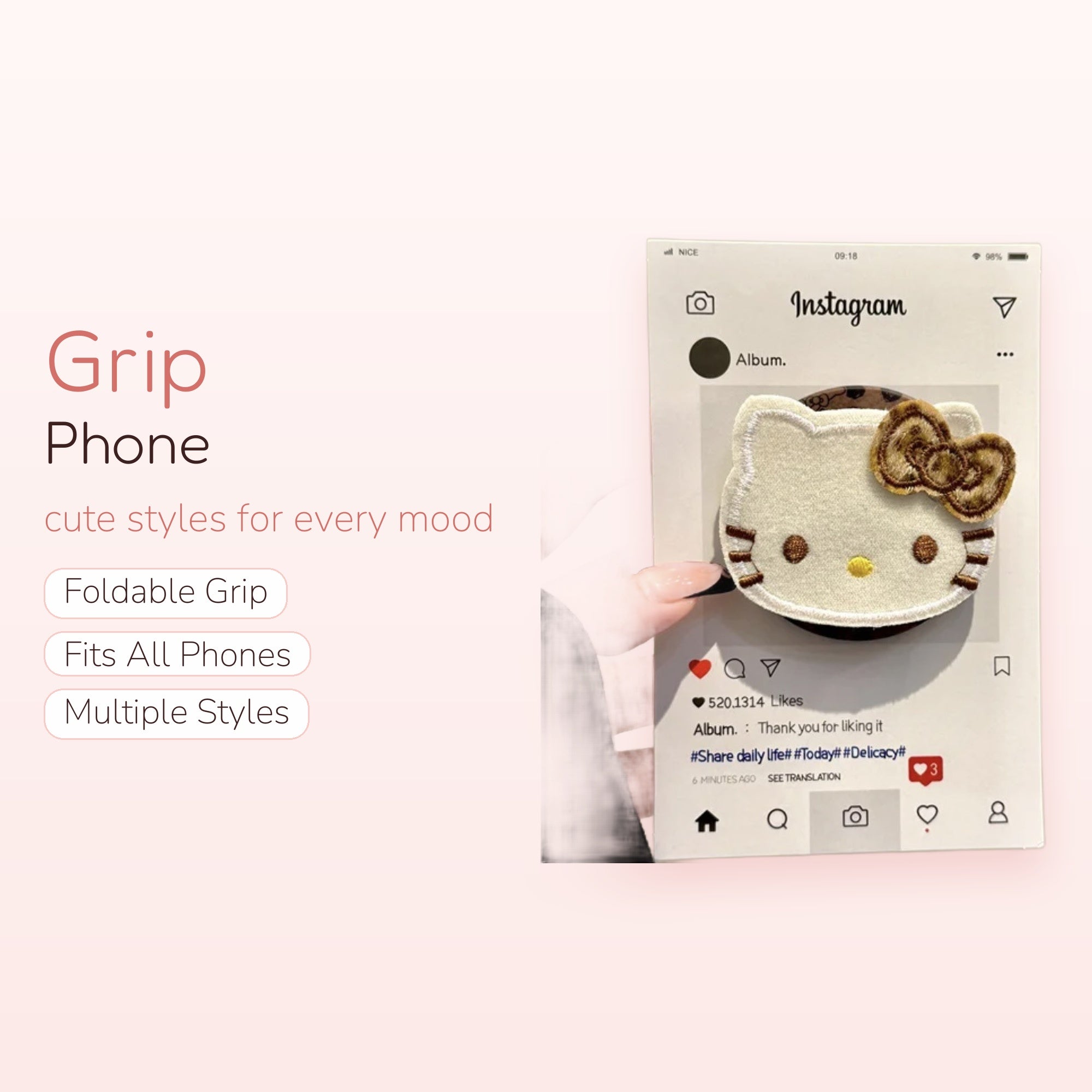 Cute Hello Kitty Embroidered Phone Grip | Kawaii Brown Bow Pop Socket Stand