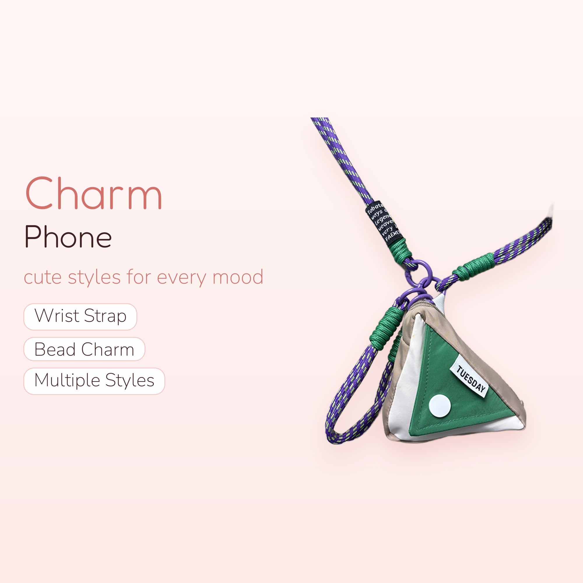 Aesthetic Triangle Pouch Phone Charm Lanyard | Green & Beige Geometric Crossbody Strap