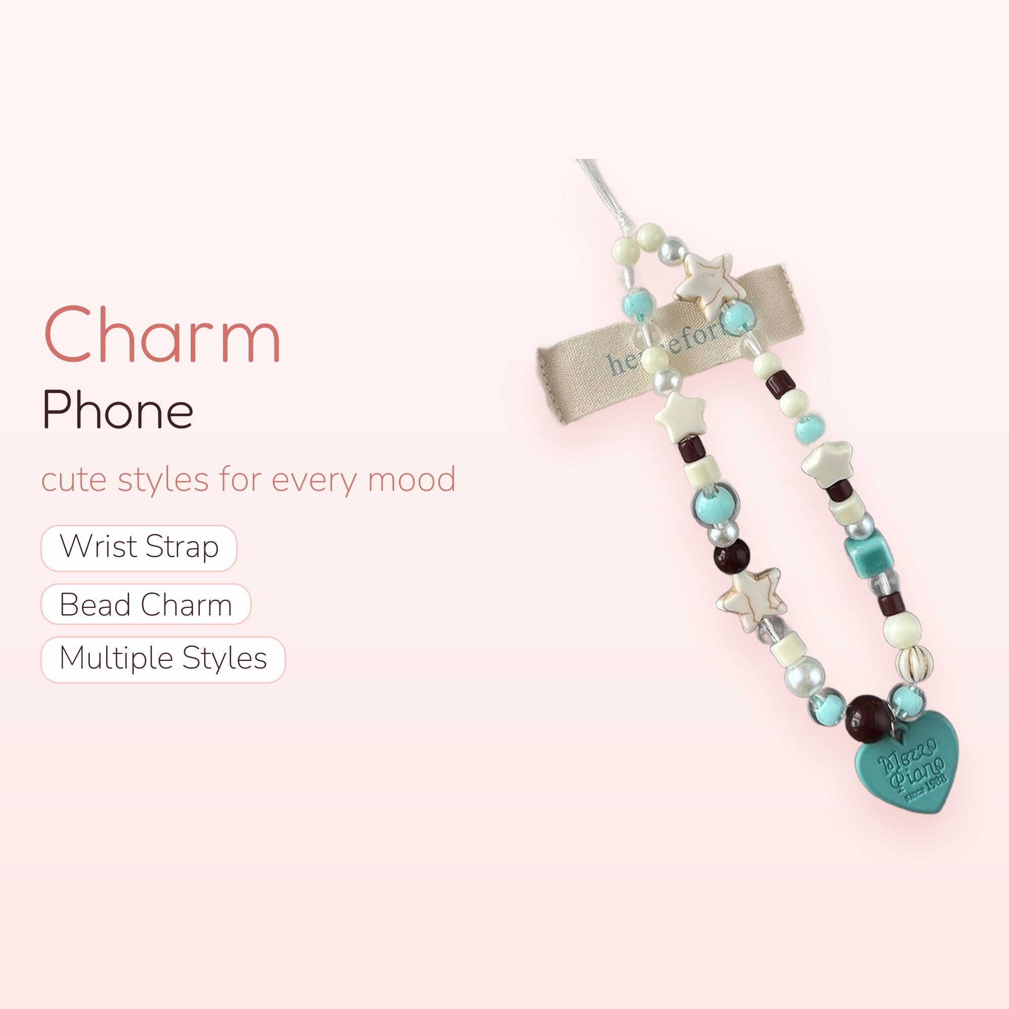 Mint Chocolate Beaded Phone Charm Strap | Aesthetic Star & Heart Wrist Lanyard