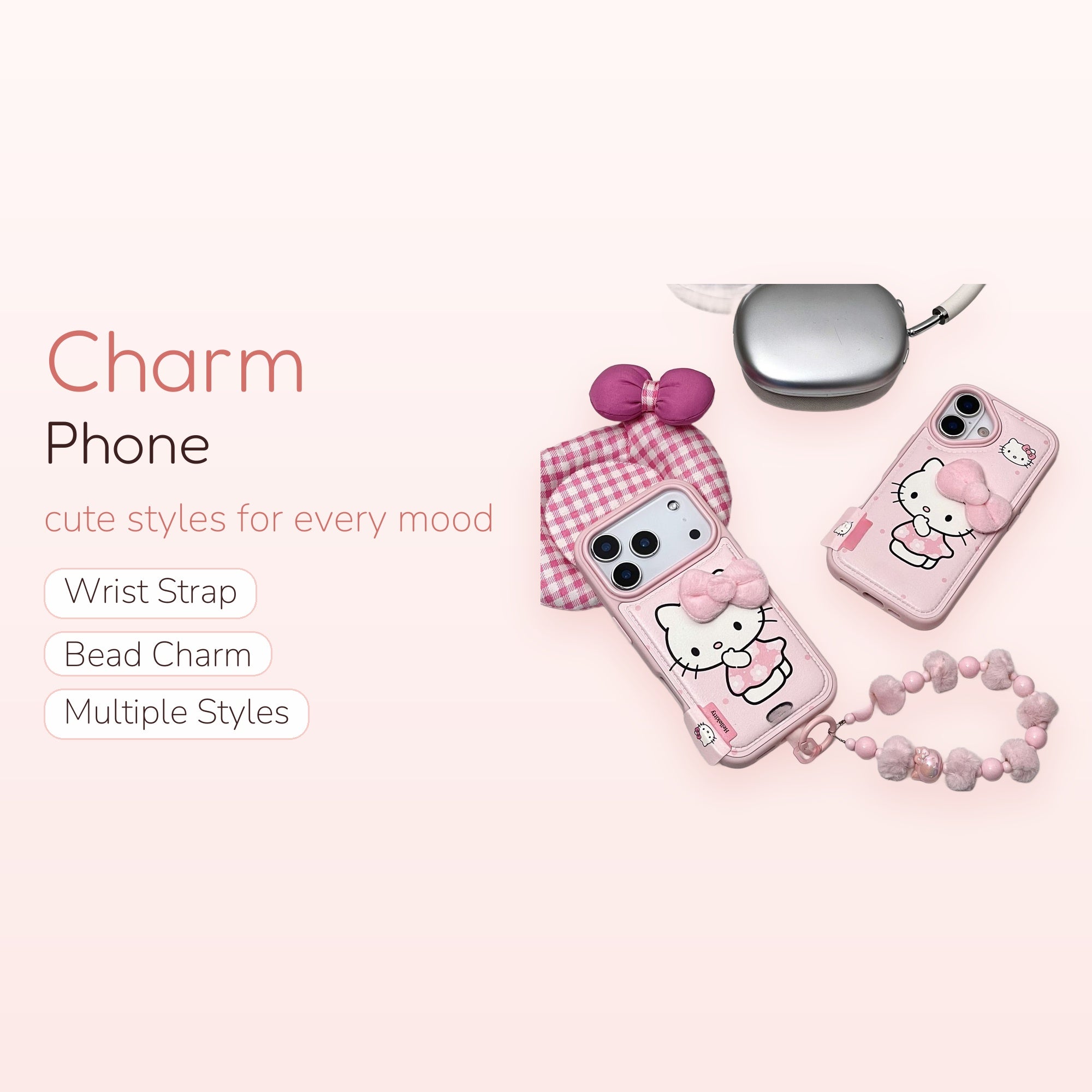 Pink Hello Kitty Beaded Phone Charm | Cute Fluffy Pom Pom Wrist Strap