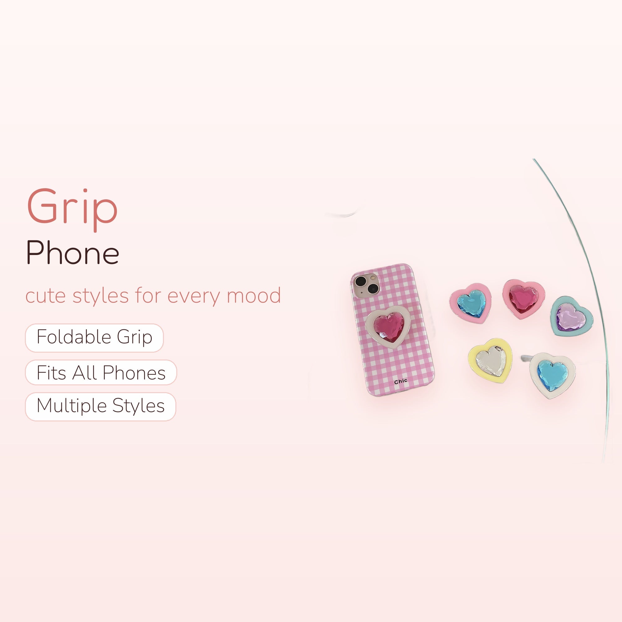 Pink Gingham Heart Phone Grip | Cute Y2K Pop Socket Stand