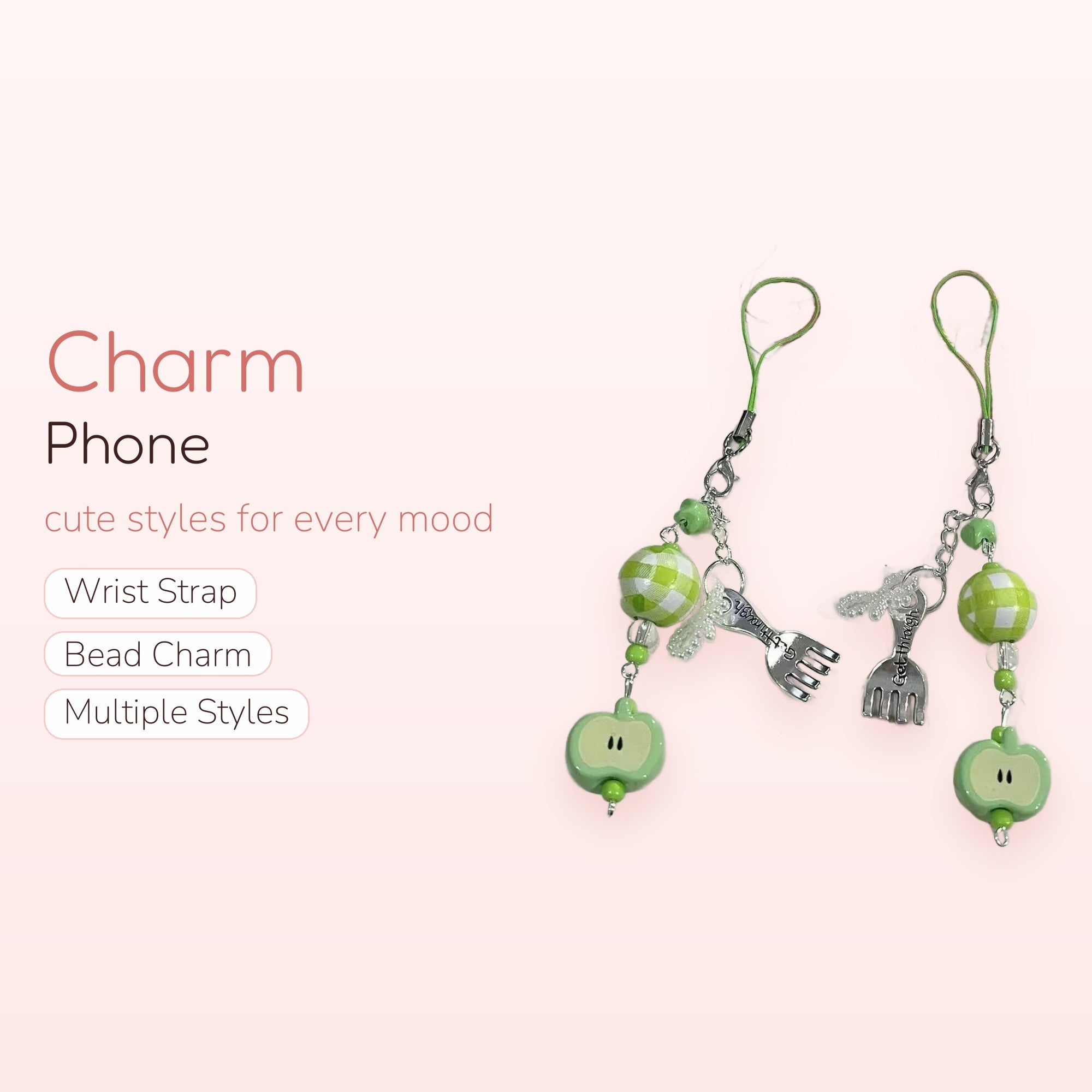 Cute Green Apple & Gingham Phone Charm | Aesthetic Fork Beaded Wrist Strap