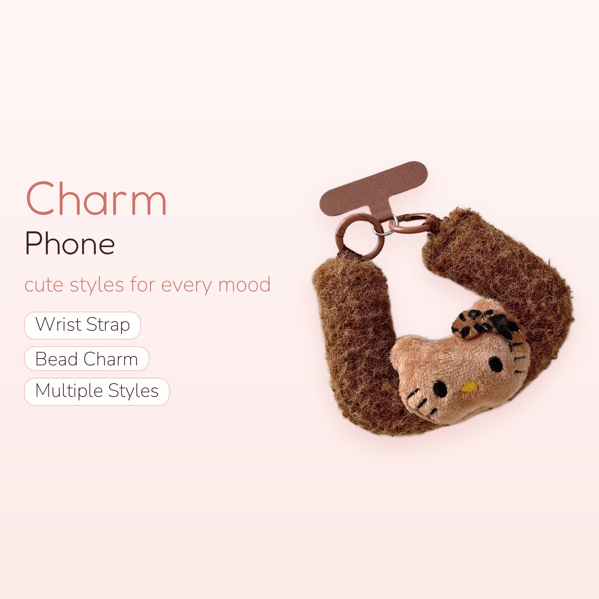 Fluffy Brown Hello Kitty Phone Charm | Kawaii Plush Wrist Strap Lanyard