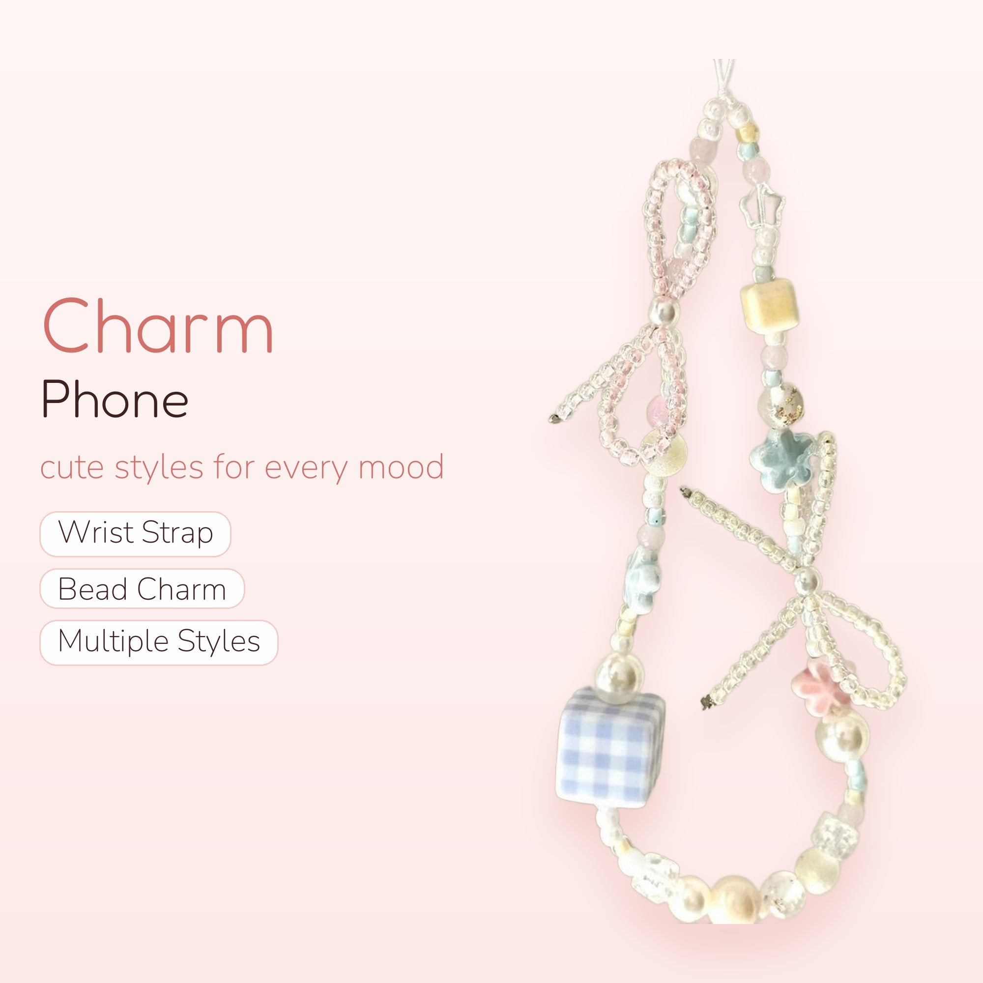 Pastel Beaded Bow Phone Charm | Kawaii Aesthetic Wrist Strap