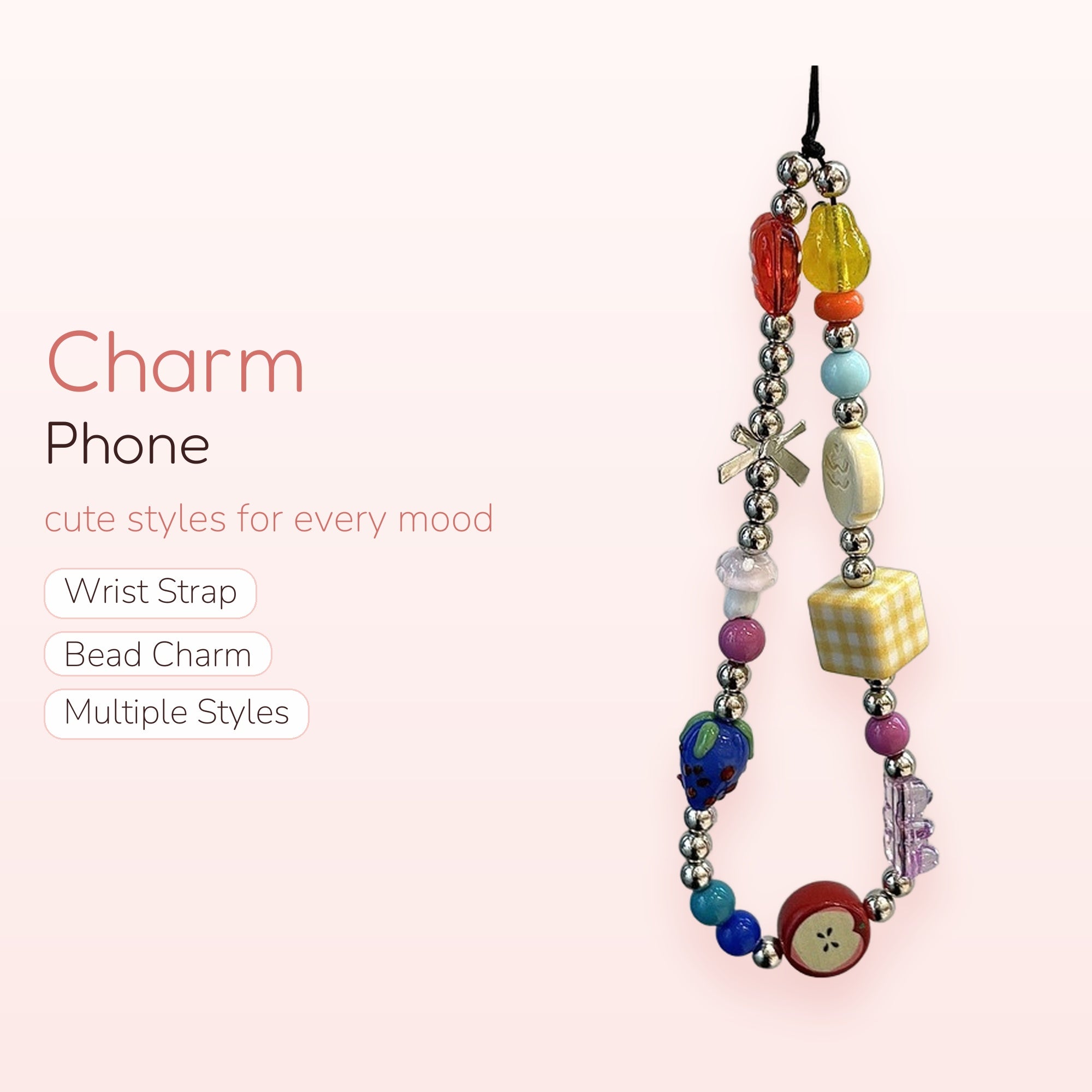 Y2K Rainbow Fruit & Gingham Beaded Phone Charm | Aesthetic Silver Bead Wrist Strap