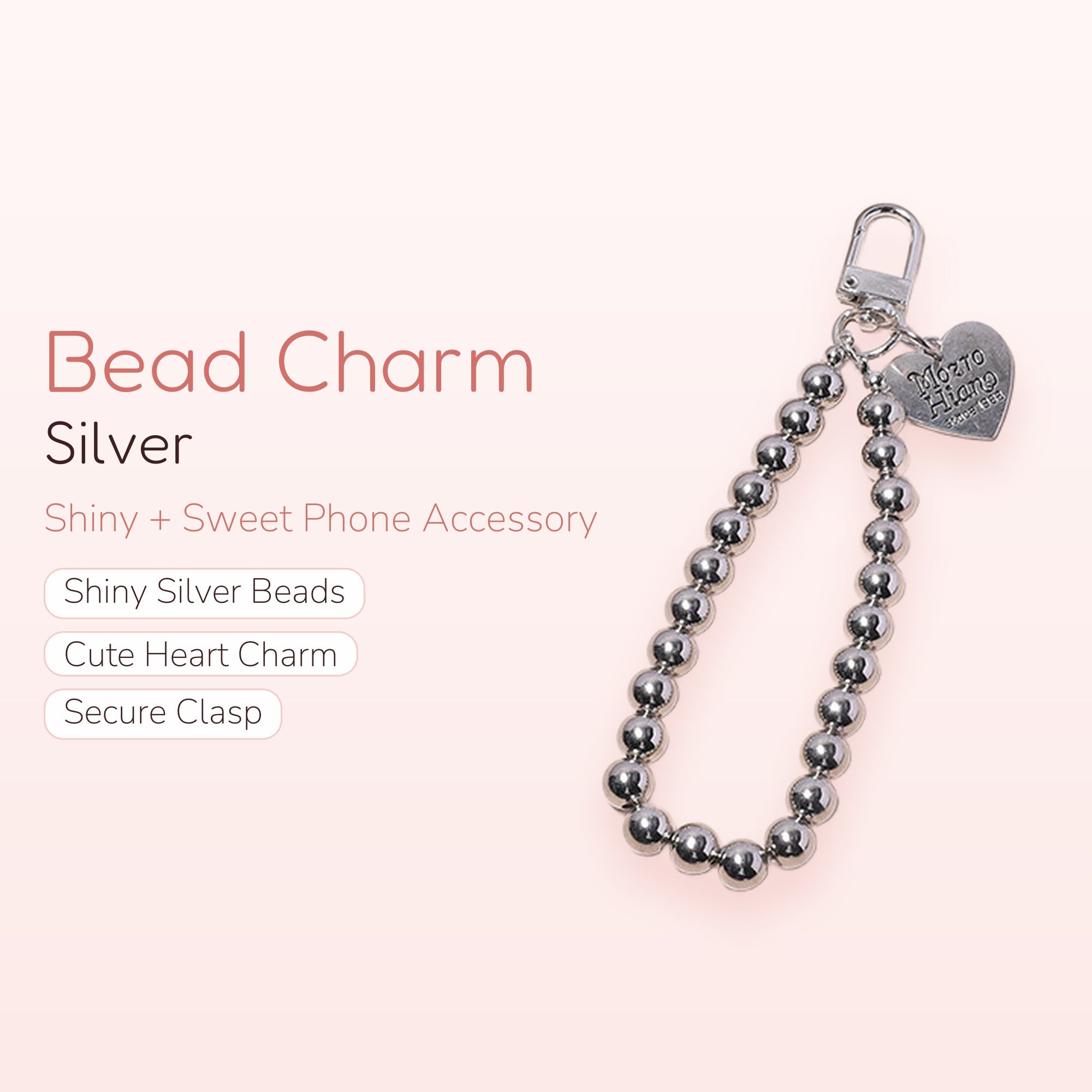 Silver Bead Phone Charm Strap | Cute Heart Keychain Lanyard