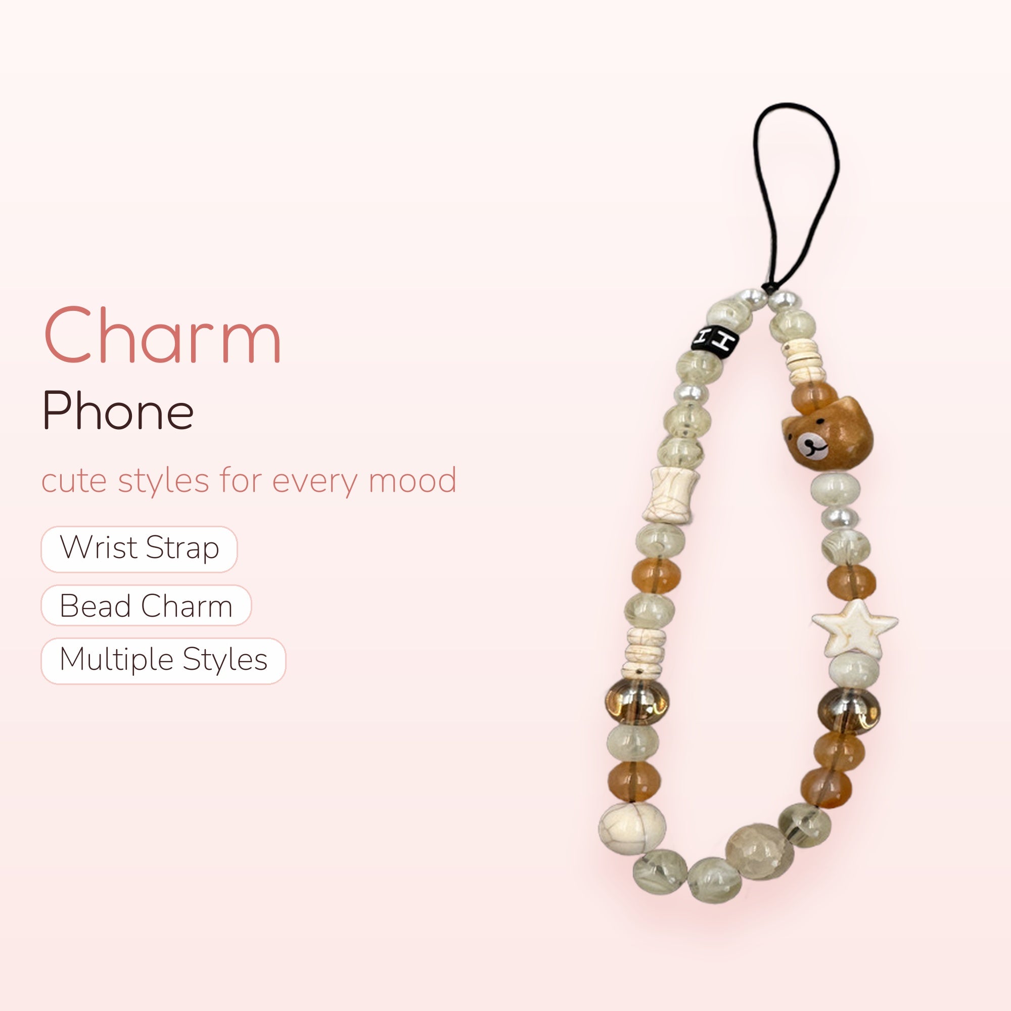 Cute Bear & Star Beaded Phone Charm | Aesthetic Pearl & Amber Wrist Strap