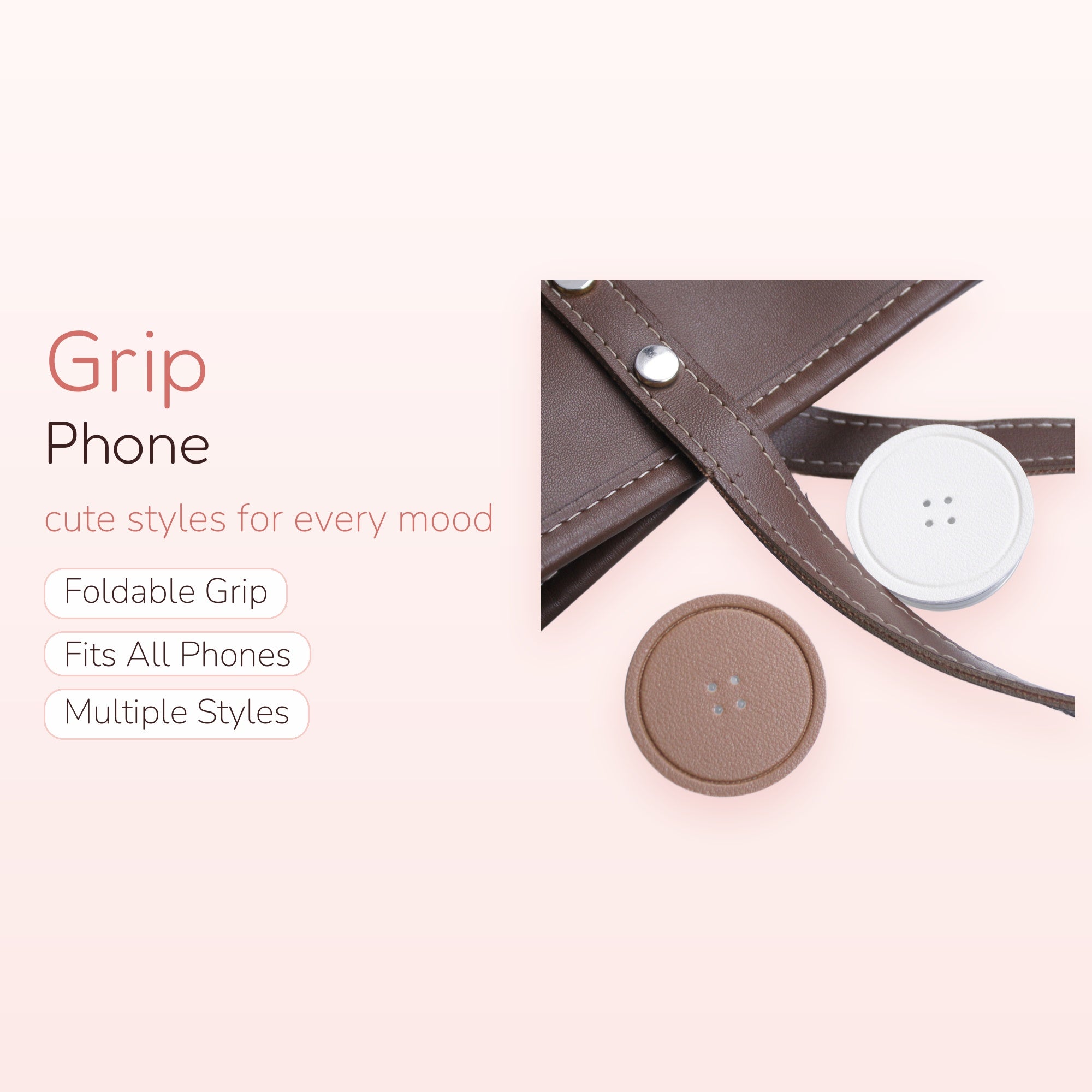 Brown & White Faux Leather Button Phone Grip | Aesthetic Pop Socket Stand